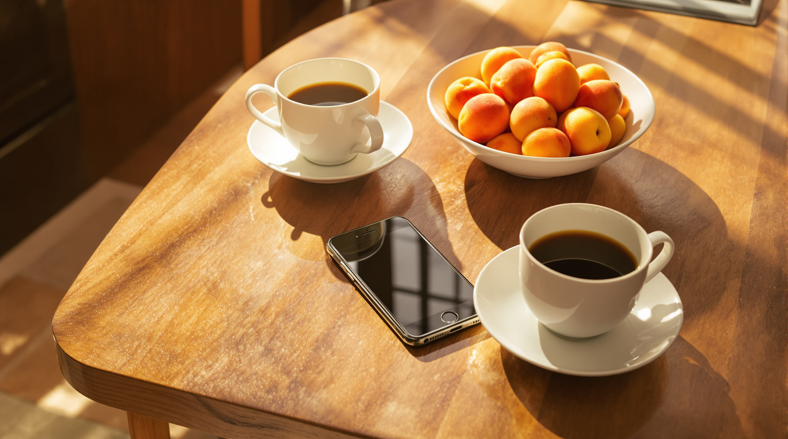 A phone with a dark screen on a warm wooden table beside two coffee cups and a bowl of apricots in late golden sun
