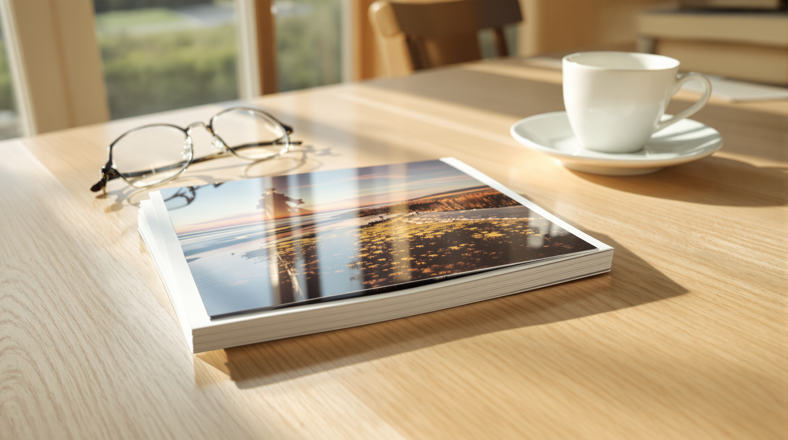 A stack of photo prints on a pale oak table beside reading glasses and a coffee cup in warm window light