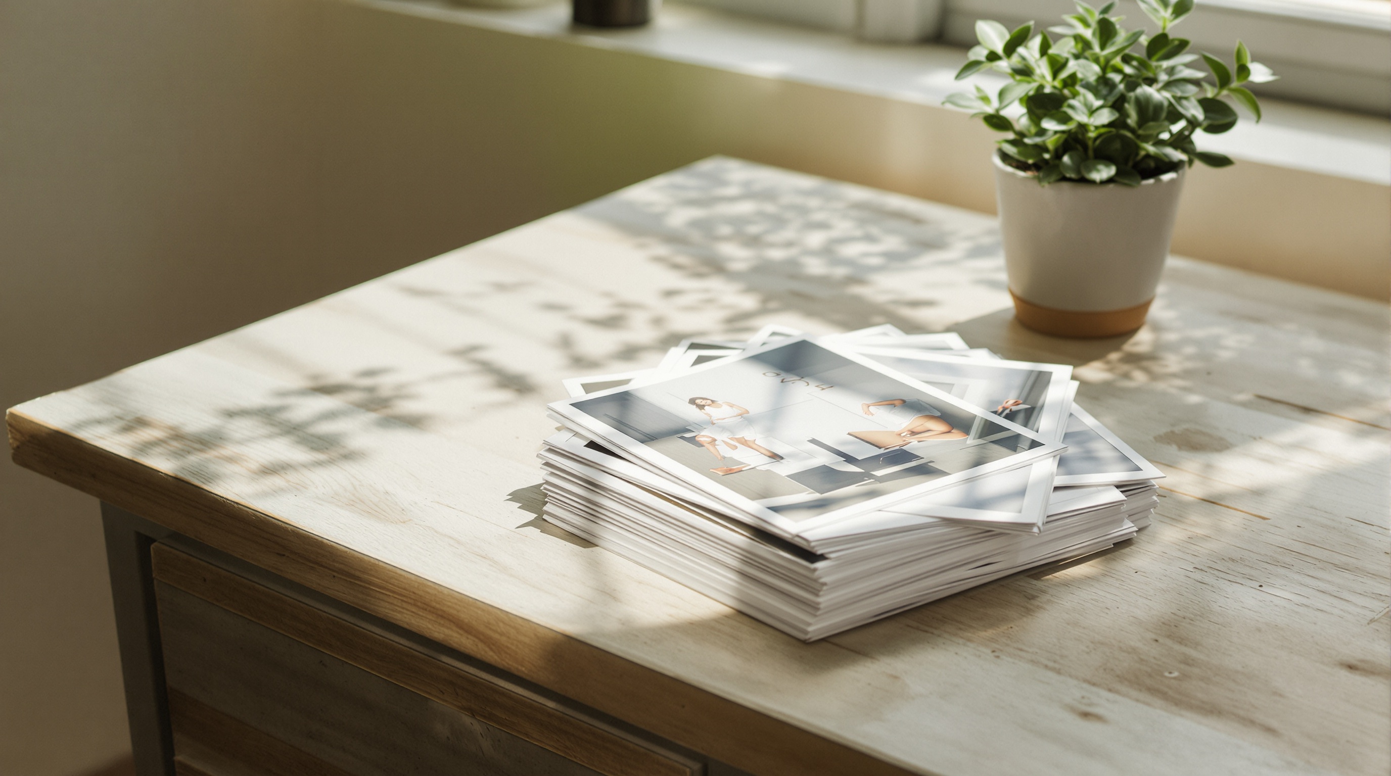 Person holding a phone showing a private photo gallery app with organized album thumbnails, blurred living room background