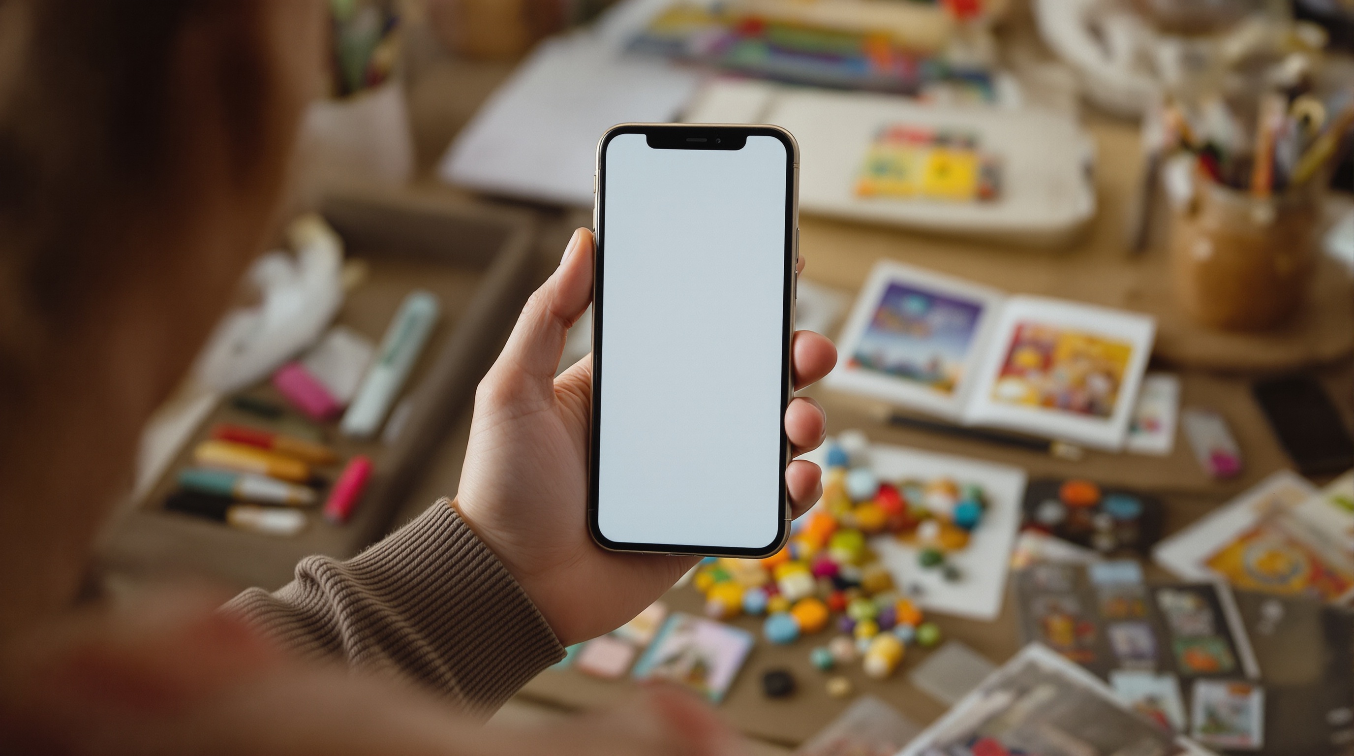 Close-up of a phone screen showing a social media feed with colorful image tiles, shallow depth of field blurring the background