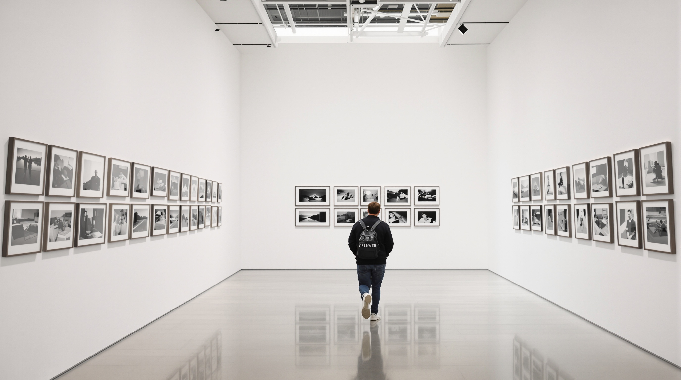 Person walking through an art gallery with framed photographs on white walls, natural skylight illumination from above, shot on Leica Q3 with 28mm f/1.7, documentary style with muted tones