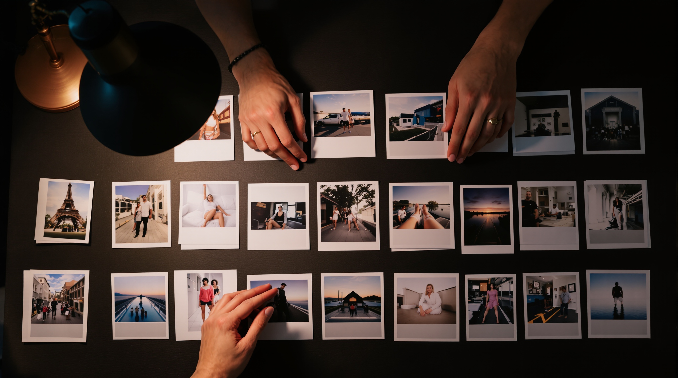 Row of photo prints laid out on a dark surface being arranged by hand, overhead flat lay composition, warm tungsten desk lamp lighting from the side, shot on Fujifilm X-T5 with 23mm f/1.4, film grain texture