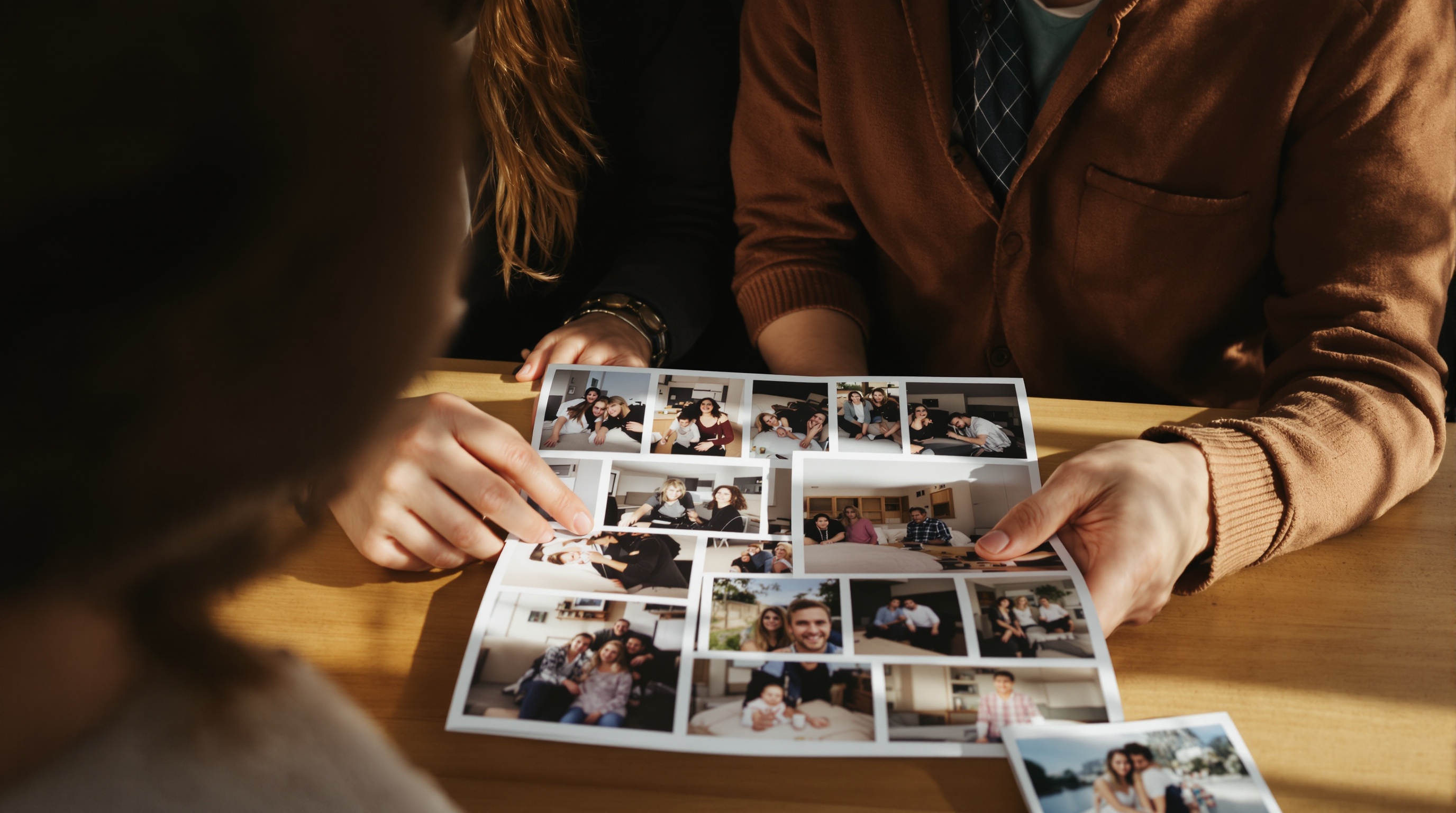 Two people sitting close at a sunlit wooden kitchen table, warmly looking through a small stack of printed photographs held in their hands