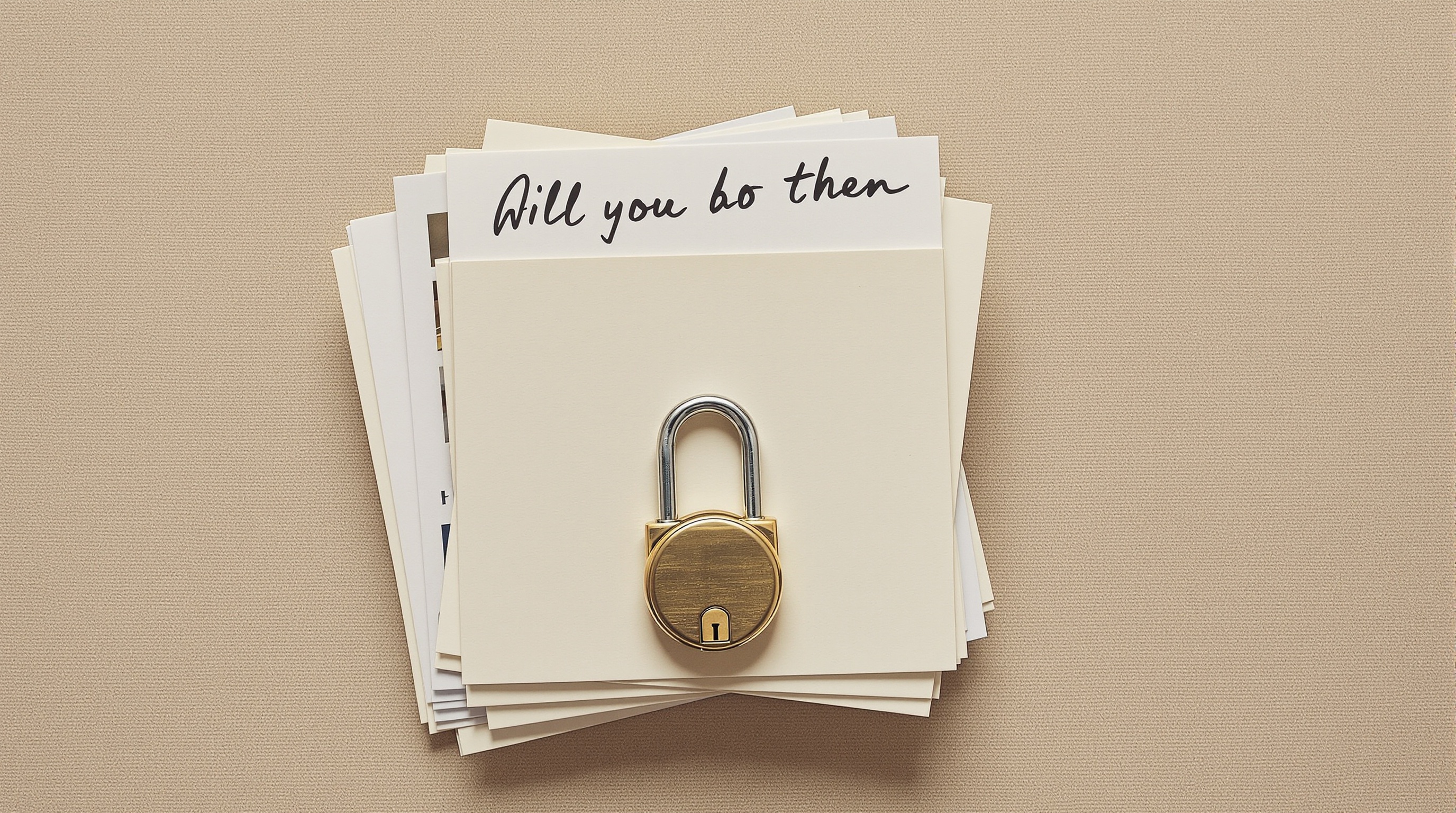 Overhead view of a small brass padlock resting on a neat stack of blank cream cards on warm textured linen