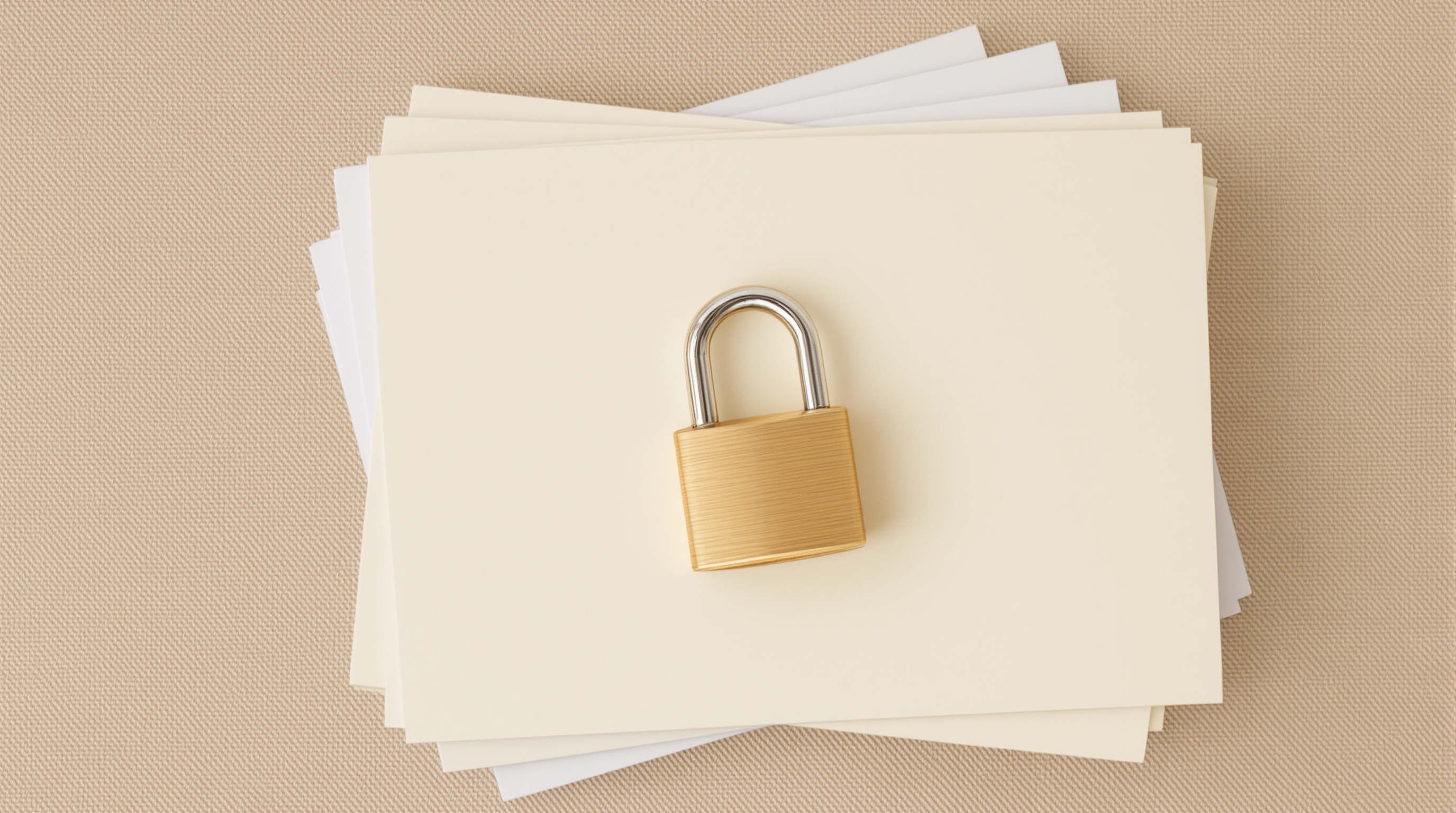 Overhead view of a small brass padlock resting on a neat stack of blank cream cards on warm textured linen