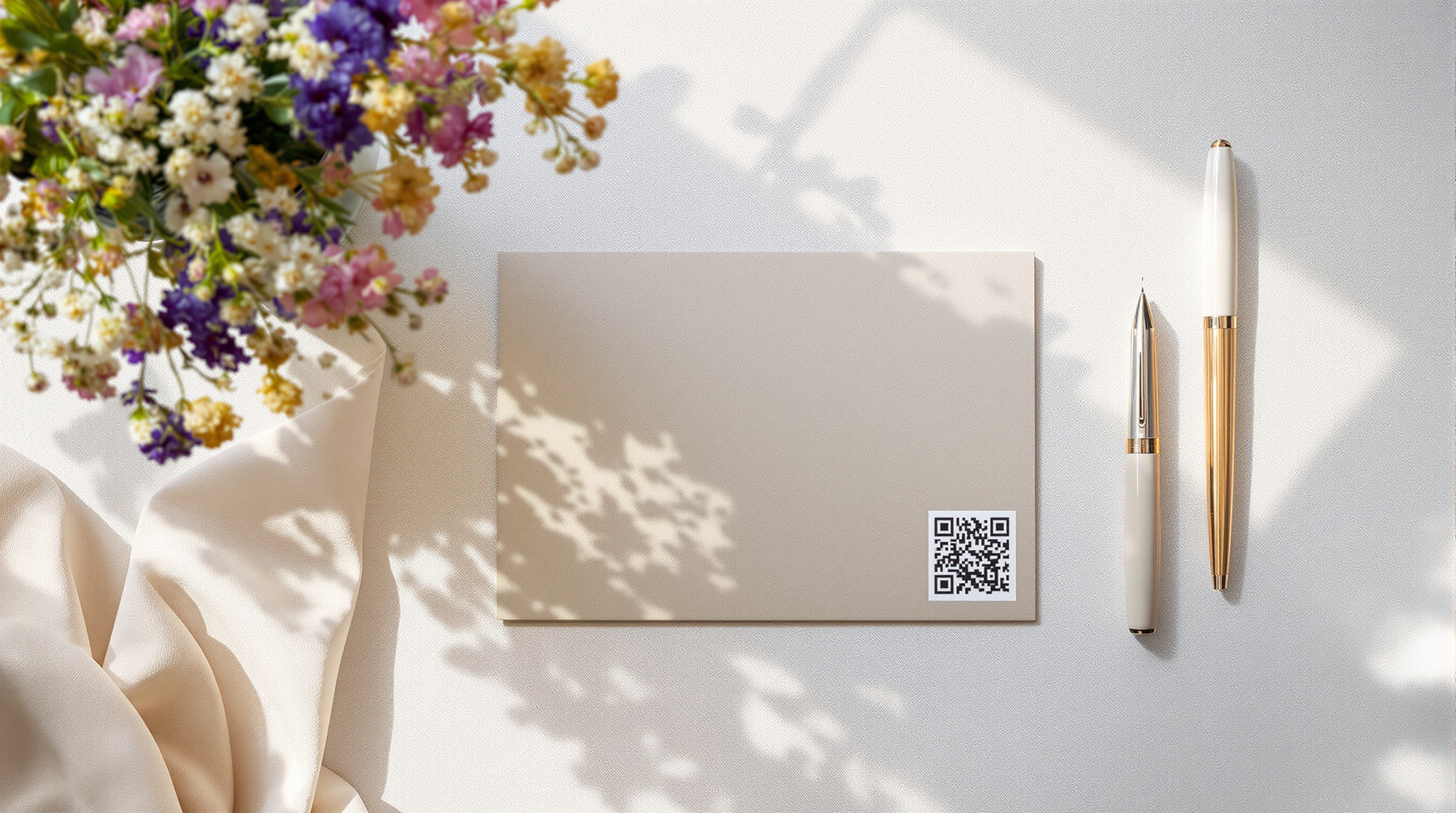 An overhead view of a printed invitation card with a QR code, resting on a light linen tablecloth next to a vase of fresh flowers