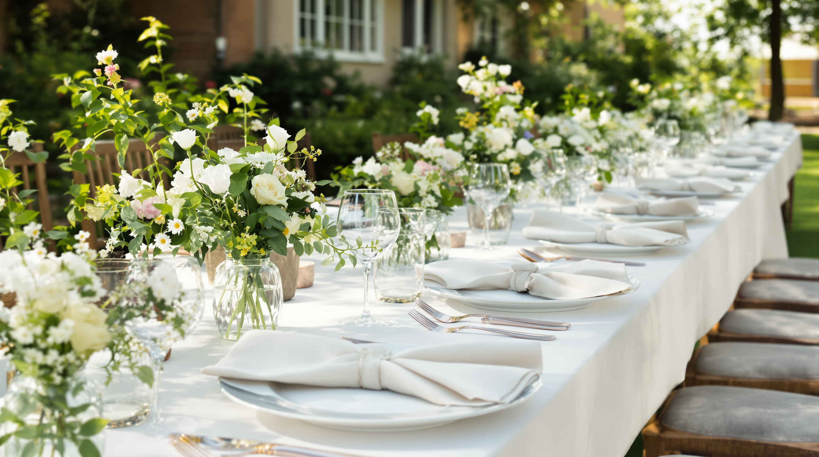 A long garden party table set with white plates, folded linen napkins, glass tumblers and small posies of white flowers in warm late afternoon light