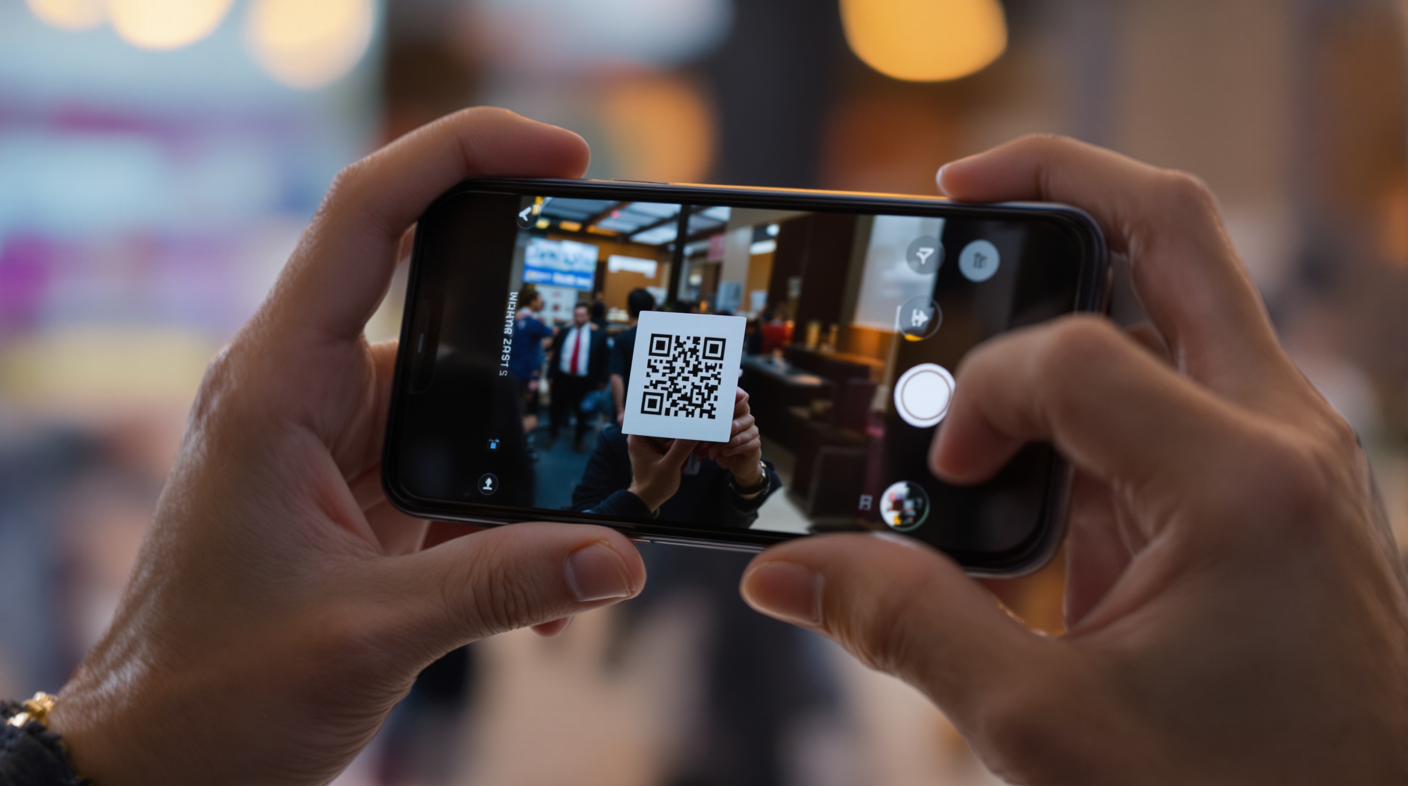 A person scanning a QR code on a small card with their smartphone camera, close-up shot showing both hands and the phone screen, natural indoor lighting