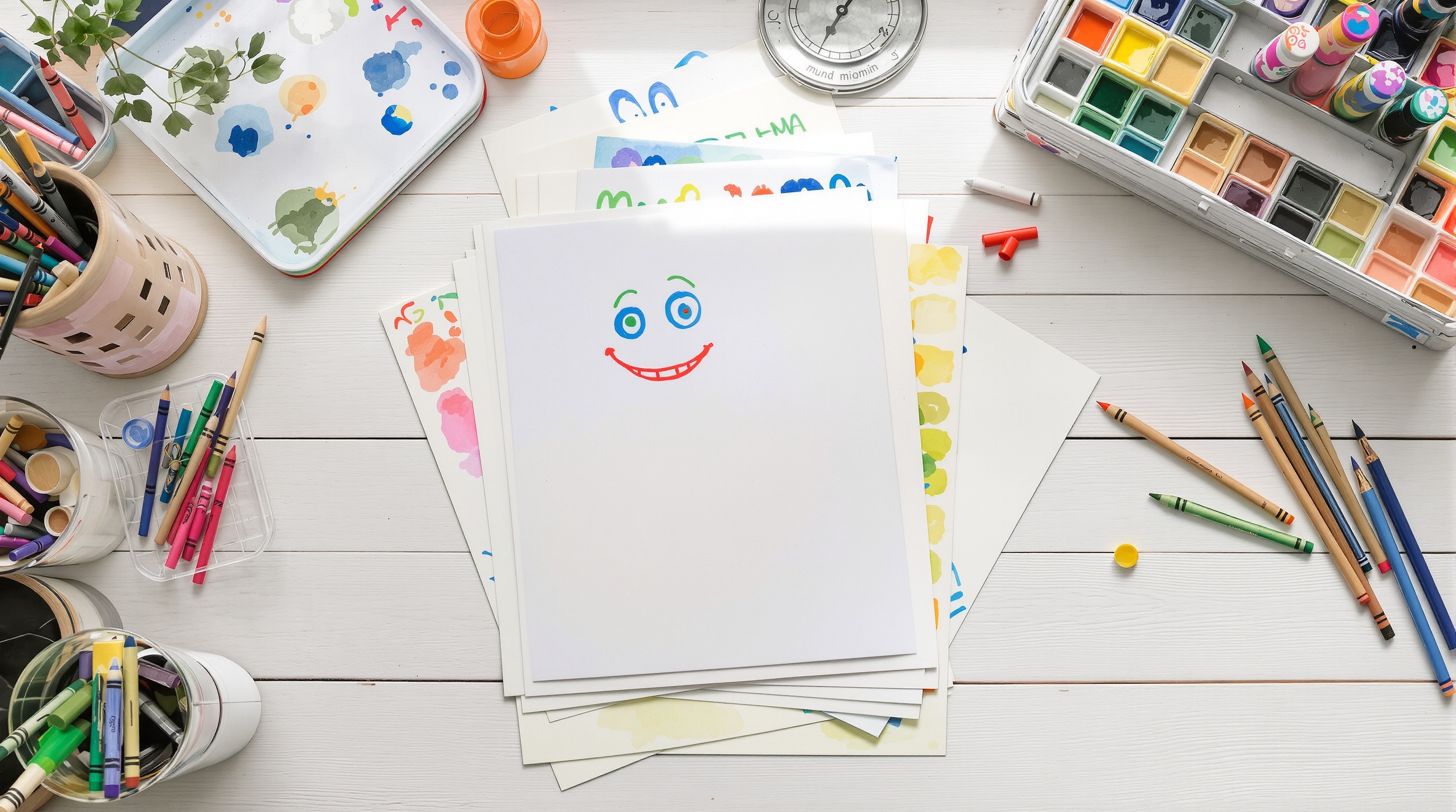 Stack of children's drawings and watercolor paintings on a white desk, natural daylight from a window, overhead flat lay composition, shot on Fujifilm X100VI, Fujifilm Classic Chrome profile