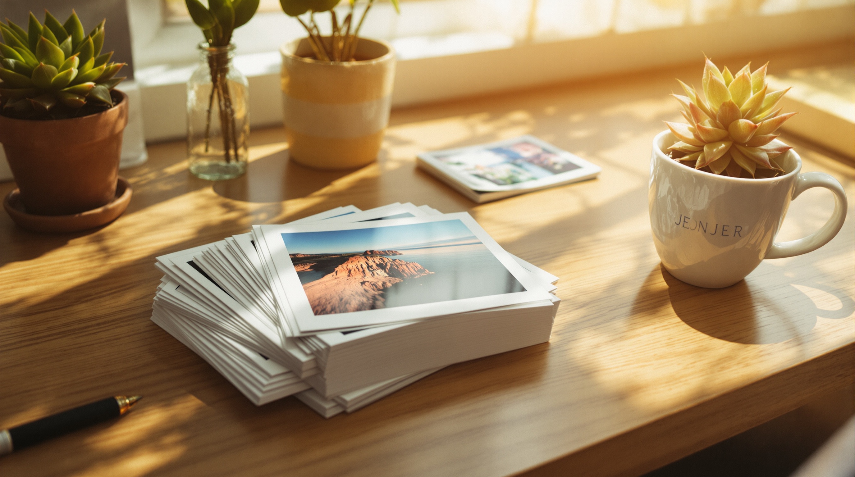 A neatly organized desk with a camera, printed photos, and a coffee cup, representing thoughtful photo sharing practices