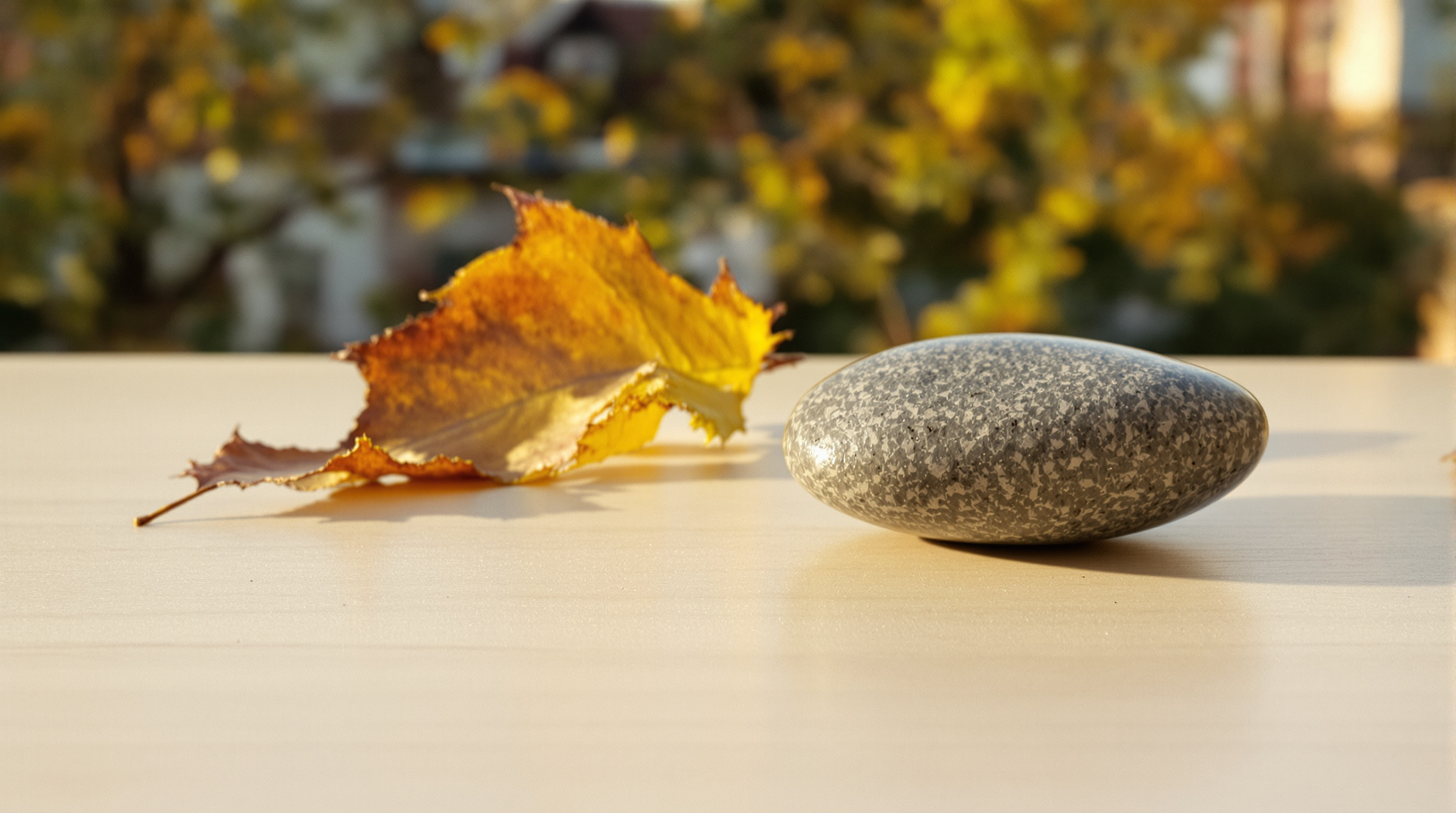 A gray river stone and a dried autumn leaf on a pale wooden table in golden-hour light
