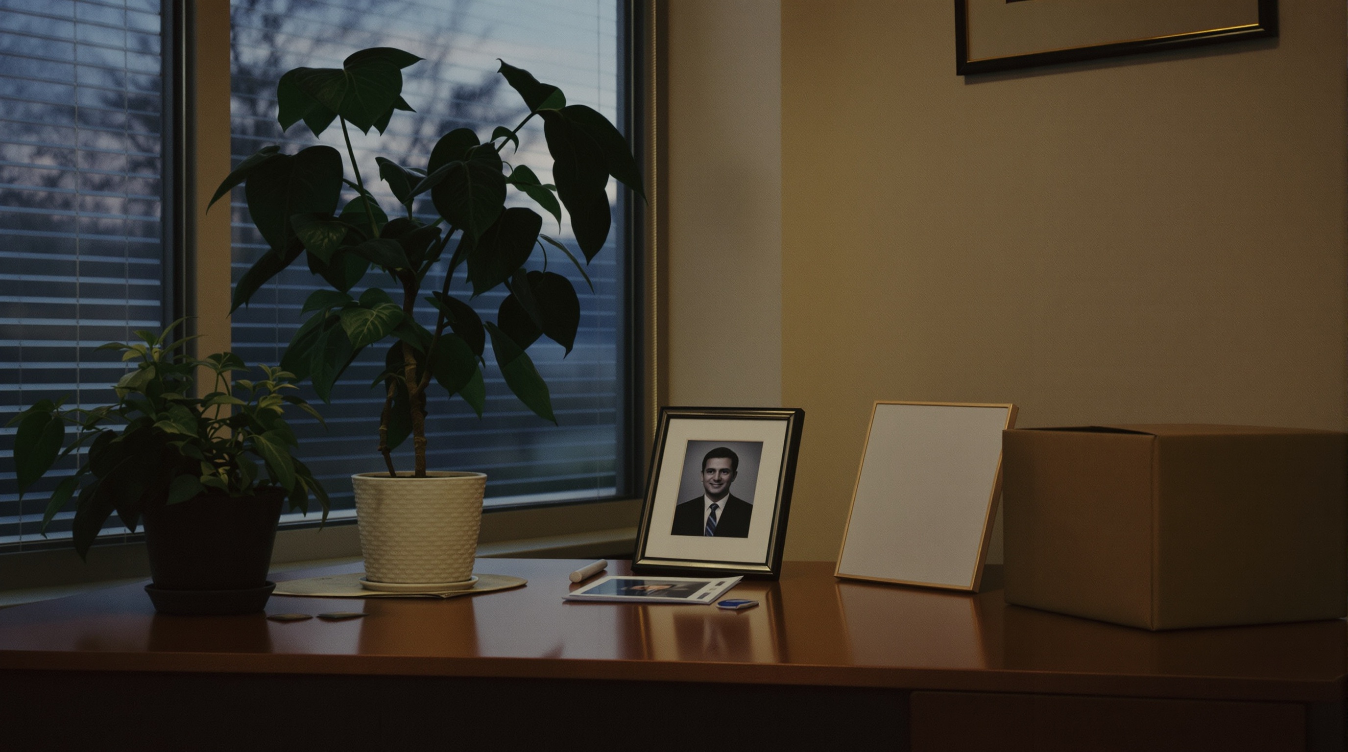 An empty office desk cleared out at the end of a career with a potted plant, a turned-away framed photo, and a cardboard box in quiet window light