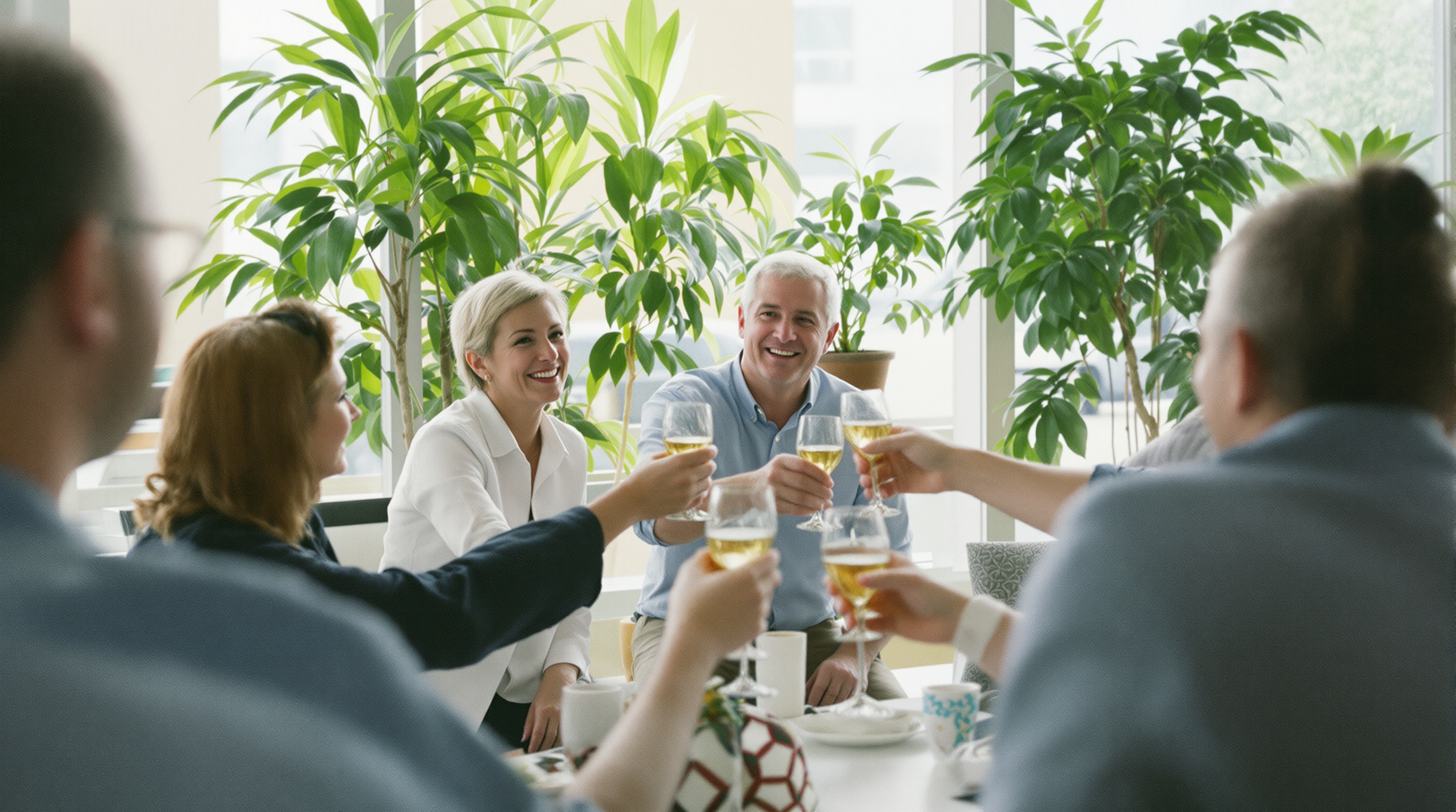 Colleagues raising glasses at a retirement gathering in an office break room, seen from behind in warm late-afternoon light