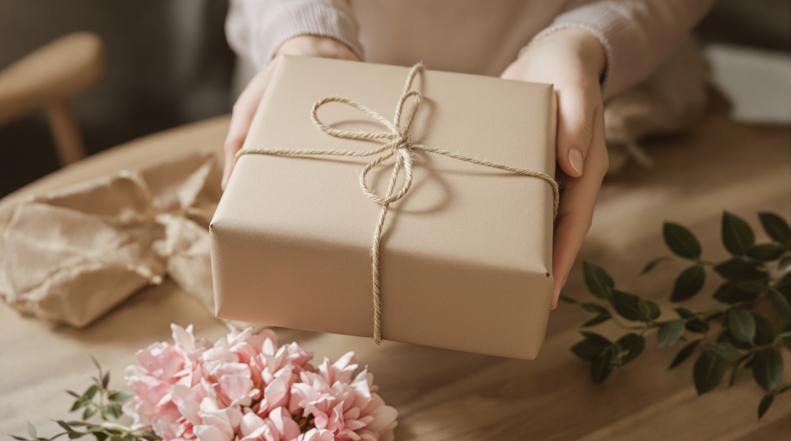 Close-up of hands passing a wrapped farewell gift and a bunch of flowers across a table in soft warm light