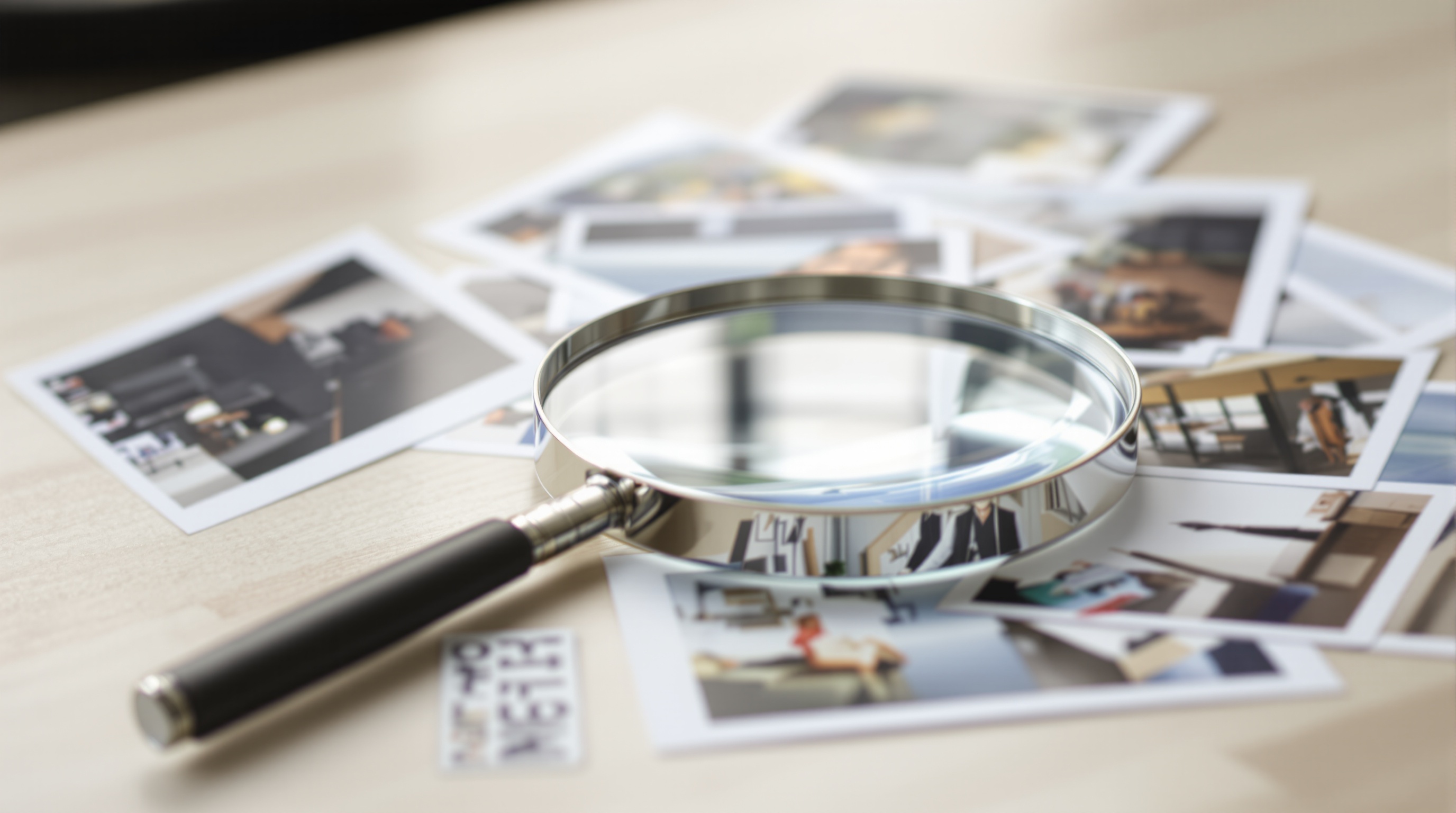 Person holding a smartphone showing a photo search interface, with printed photographs spread on a desk in the background