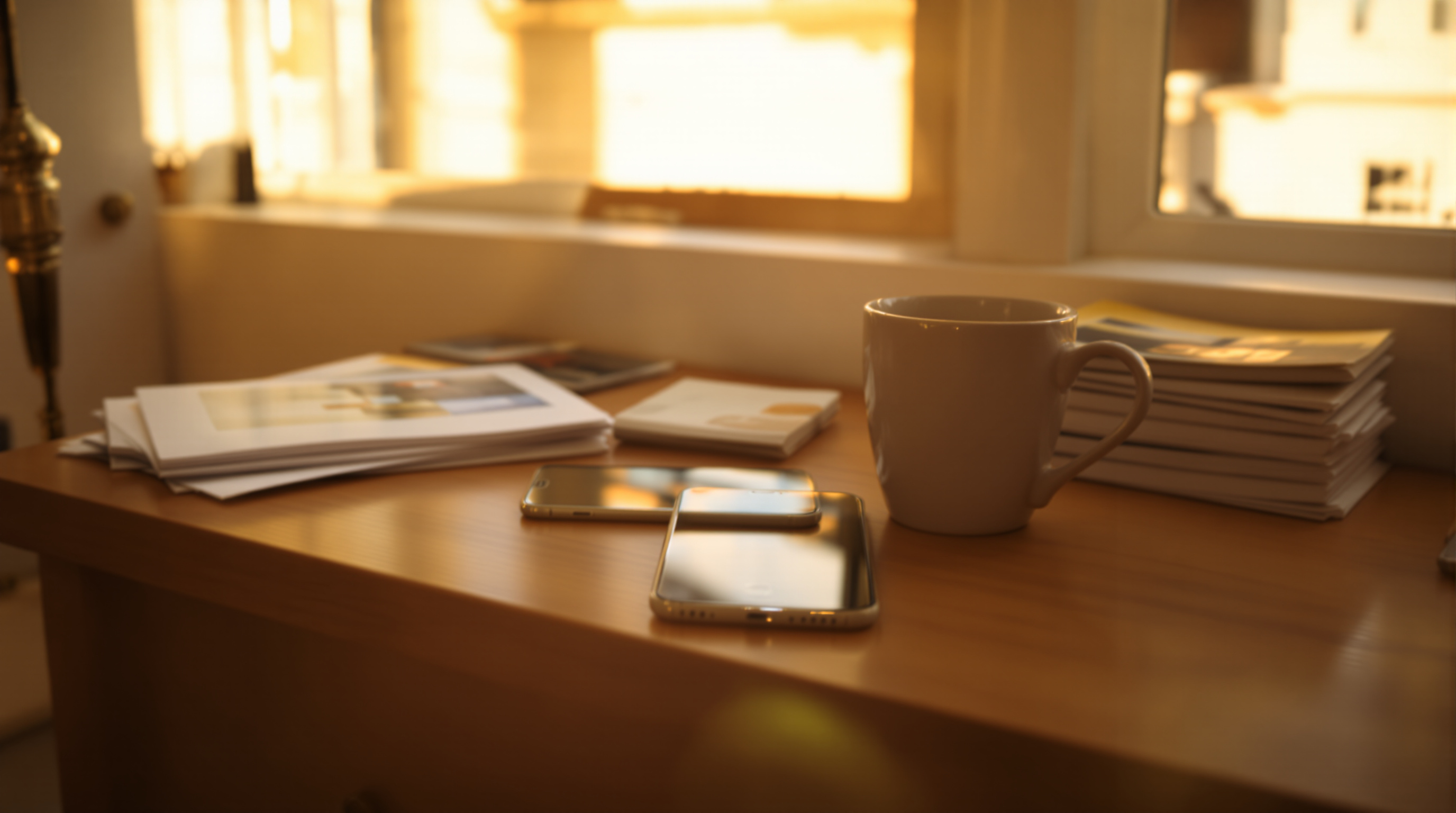 A phone lying face down on a warm wooden table beside a stack of photographic prints and a mug in golden evening light