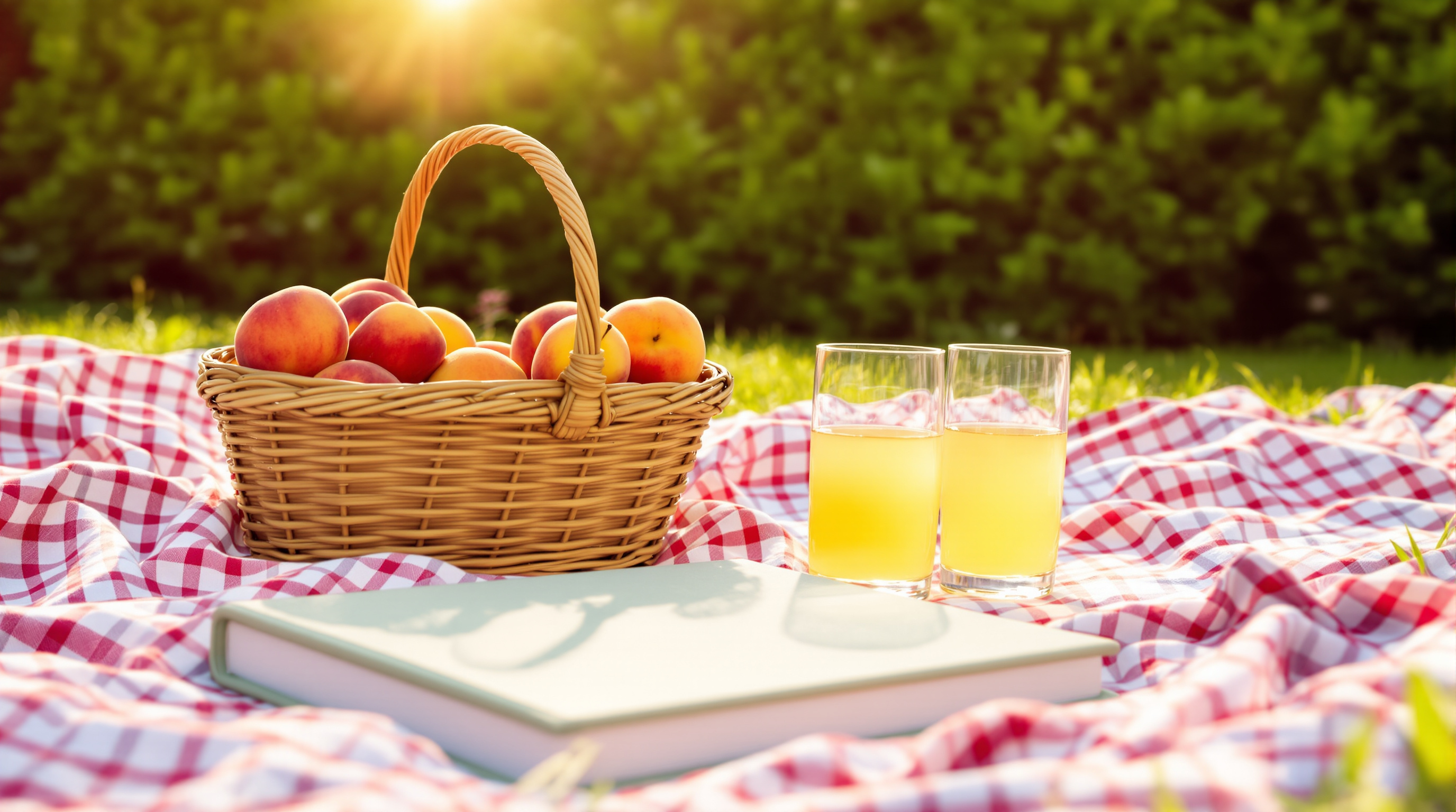 A wicker basket of peaches, two glasses of lemonade and a closed sage green linen photo album on a checked picnic blanket in low golden sunlight
