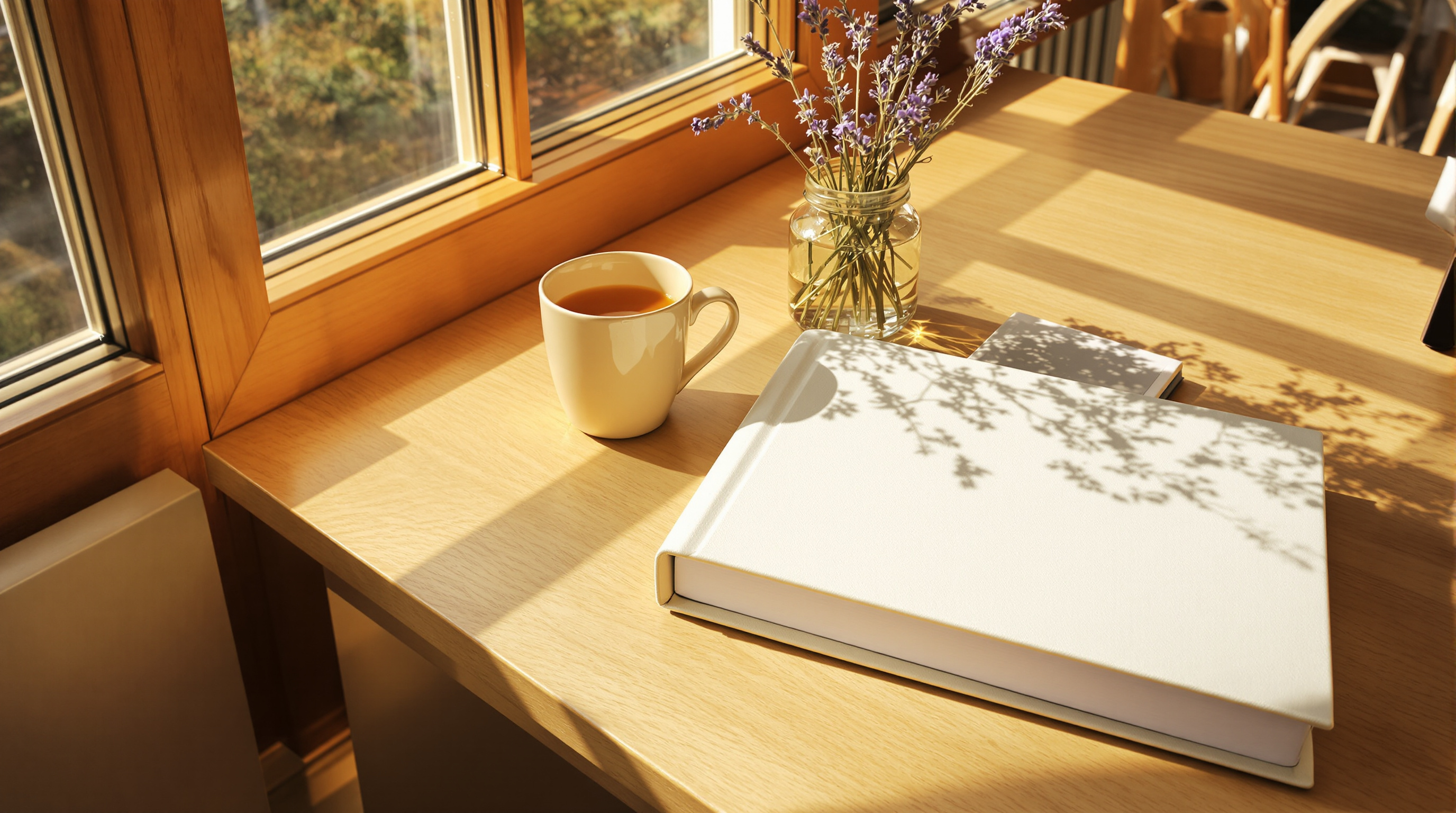 A closed cream linen photo album on a sunlit oak table by a window, beside a mug of tea and a jar of dried lavender