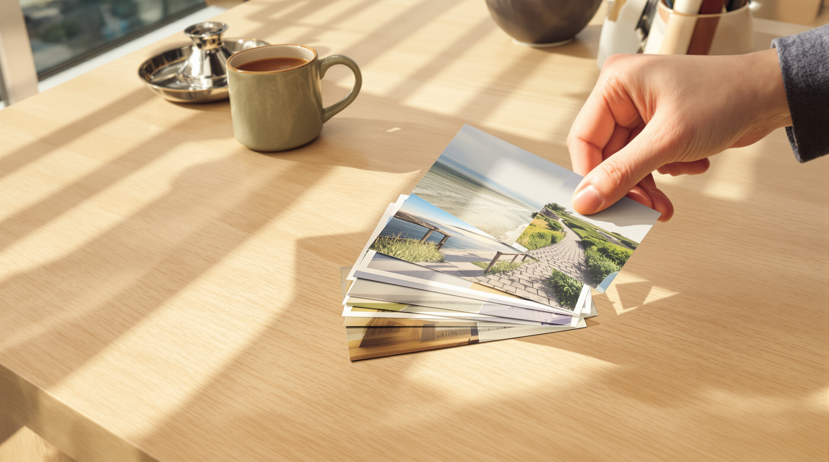 A hand drawing the top print back out of a fan of photographic prints on a sunlit oak table beside a mug