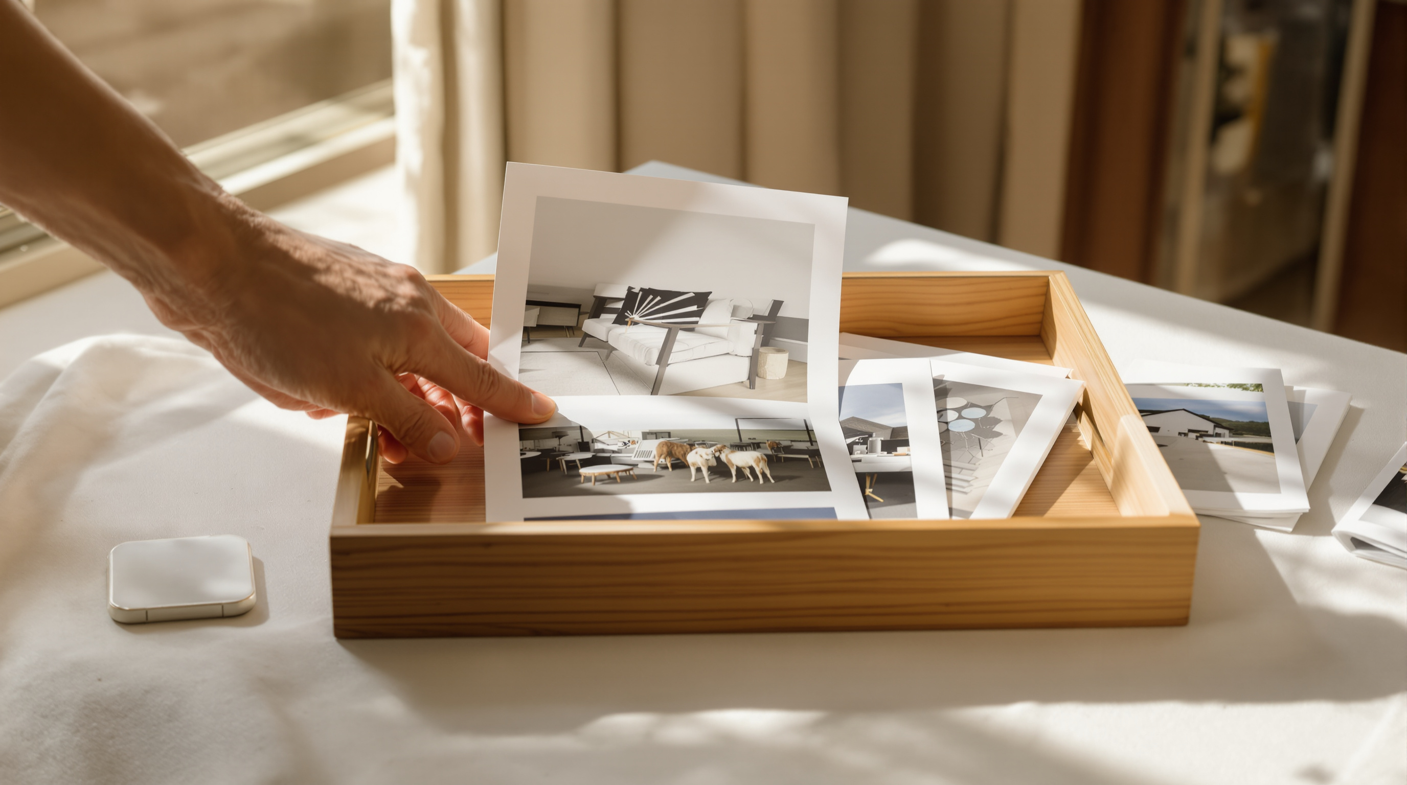 A hand setting a photographic print back into a shallow wooden tray of prints beside a window