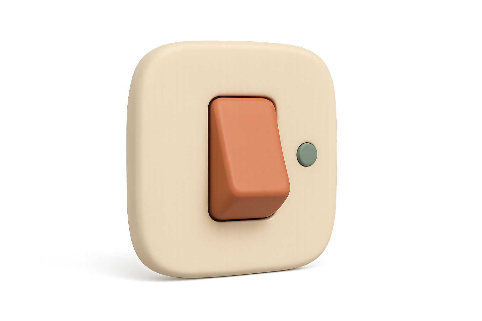 Matte three-dimensional illustration of a terracotta rocker switch on a cream wall plate, pressed into the off position beside an unlit sage green indicator