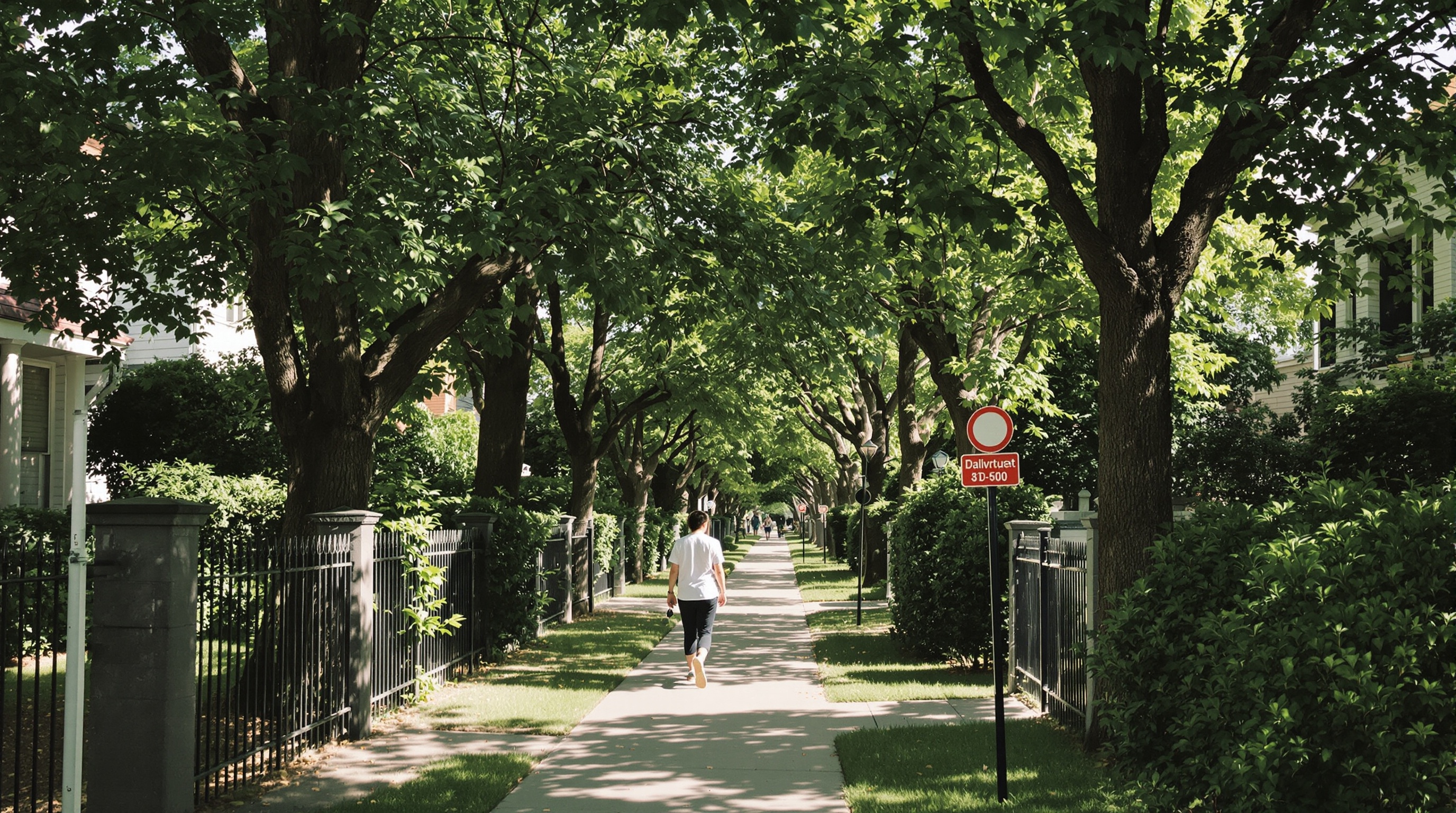 A person walking past a row of houses on a tree-lined sidewalk, viewed from behind at a distance, soft morning light, street photography style