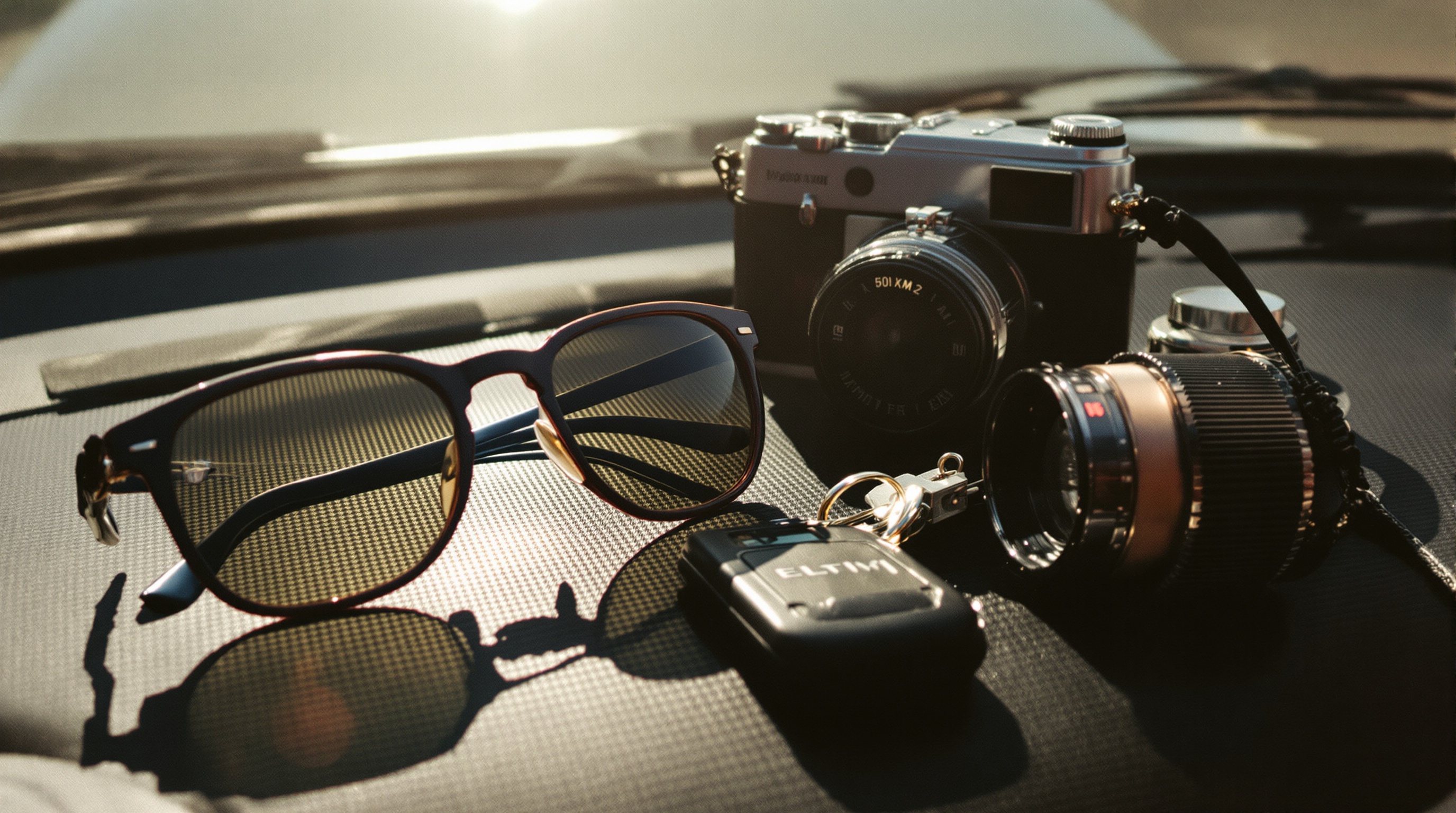 Folded paper road map, sunglasses and car keys on a sunlit dashboard - planning the route that the album will later trace on a map