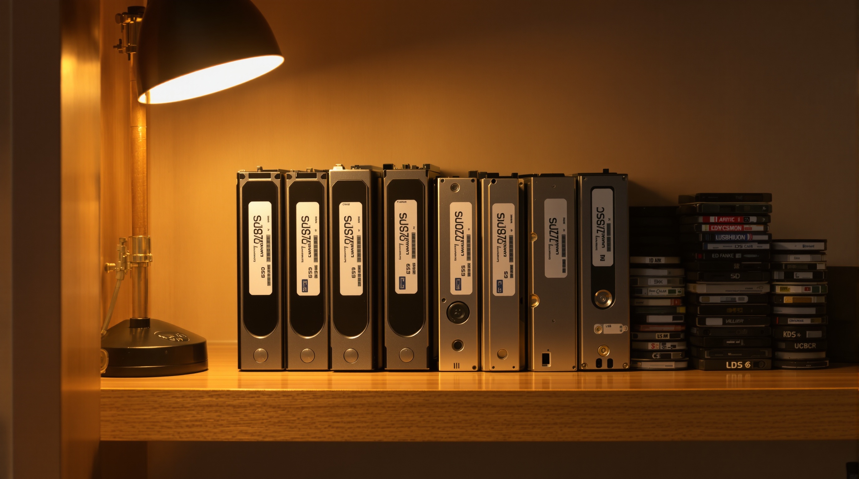 External hard drives and USB drives on a wooden shelf next to memory cards