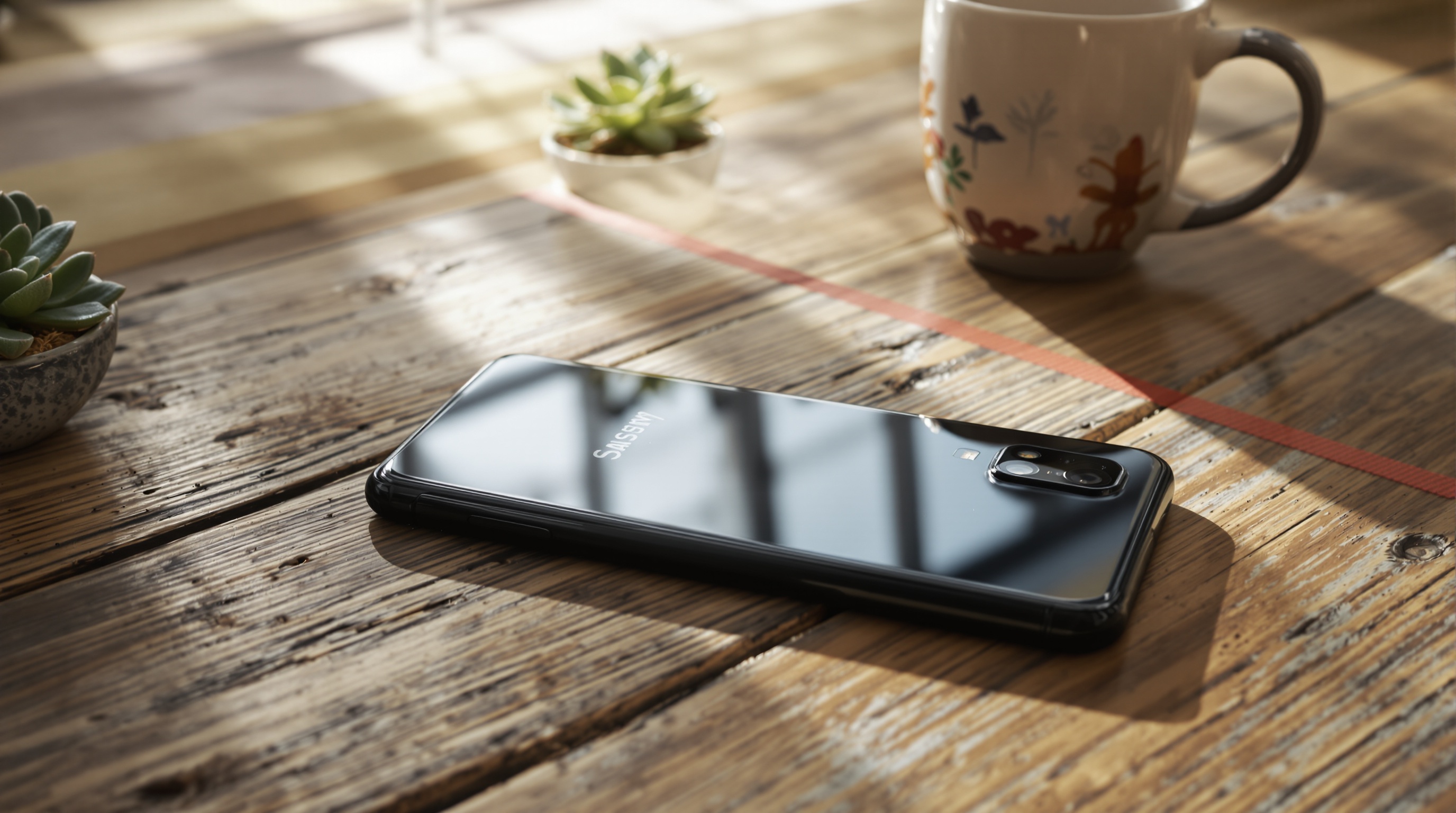 A smartphone lying face-down on a wooden desk next to a coffee mug in morning light