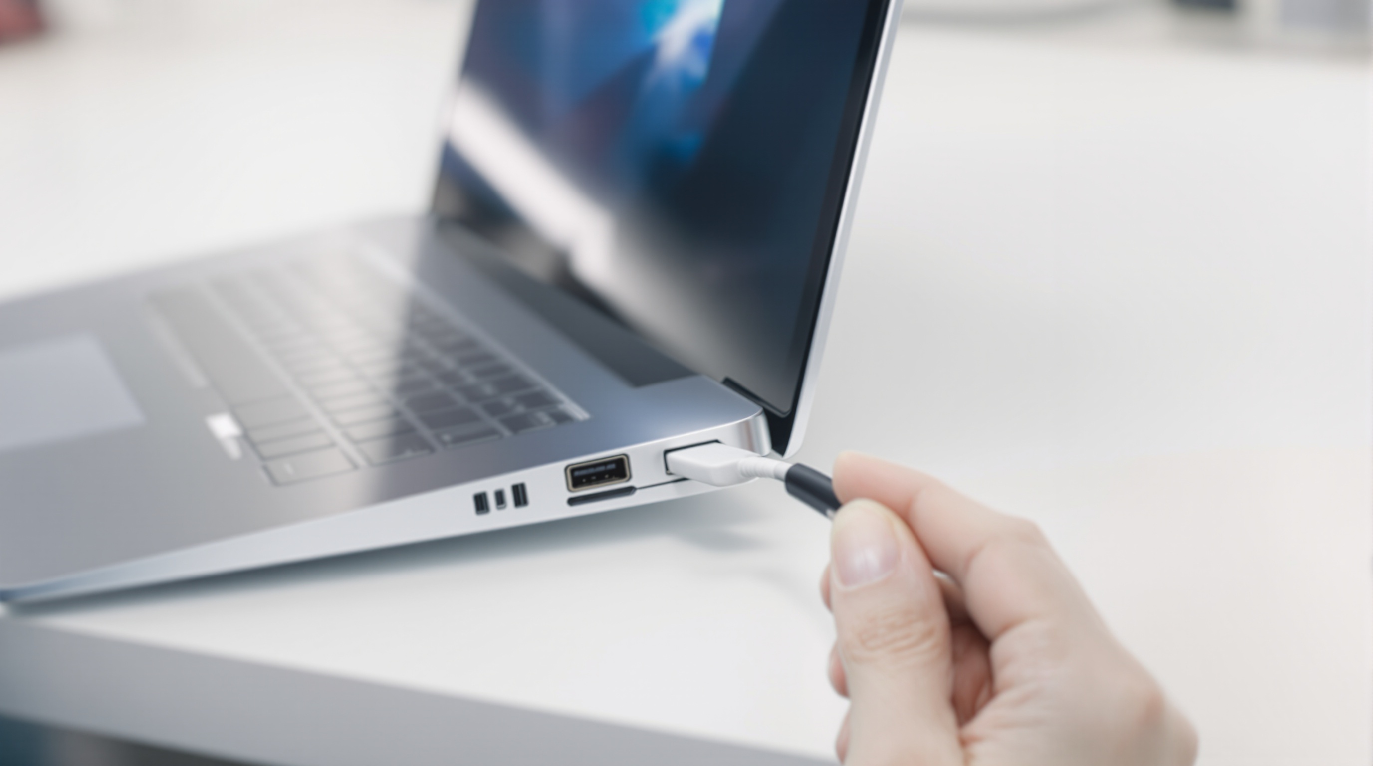 A hand pulling a USB cable from the side of a laptop on a white desk