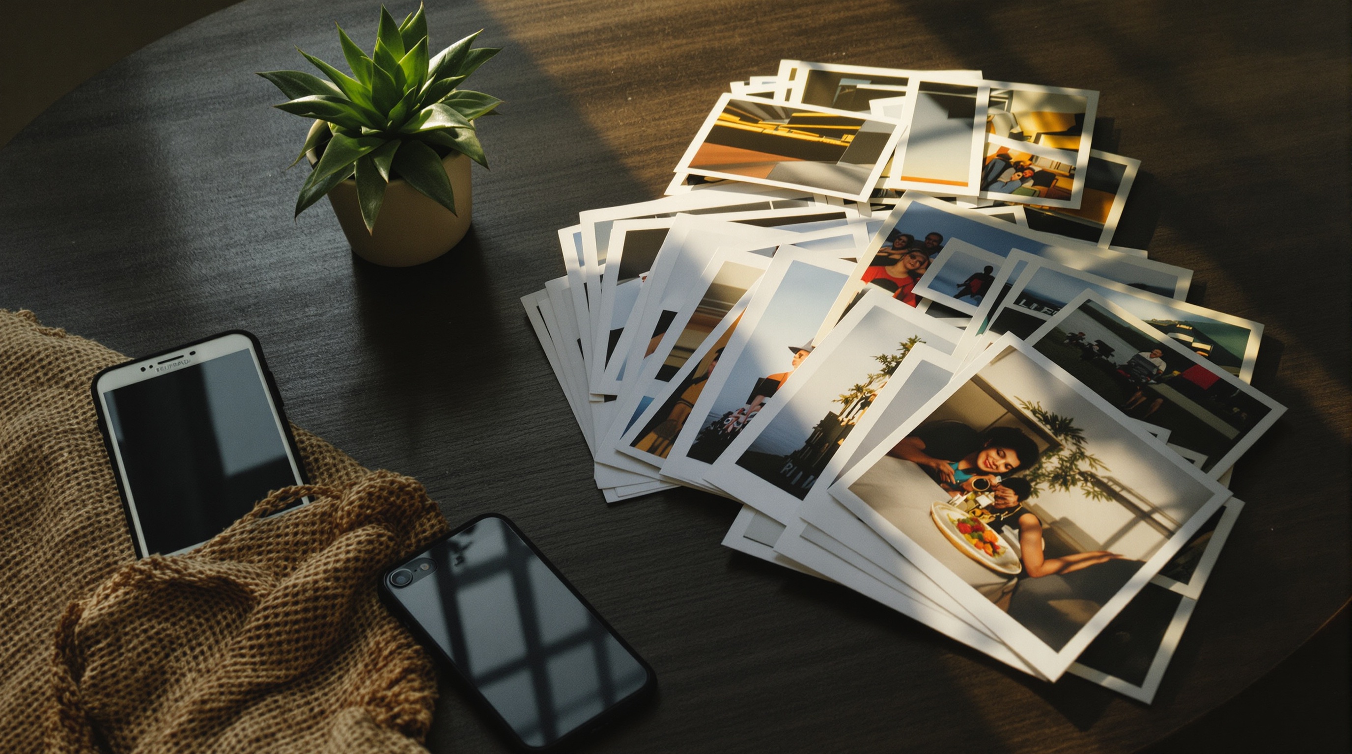 Neatly organized photo albums on a wooden shelf with a small plant and soft natural light, representing a well-maintained personal photo archive