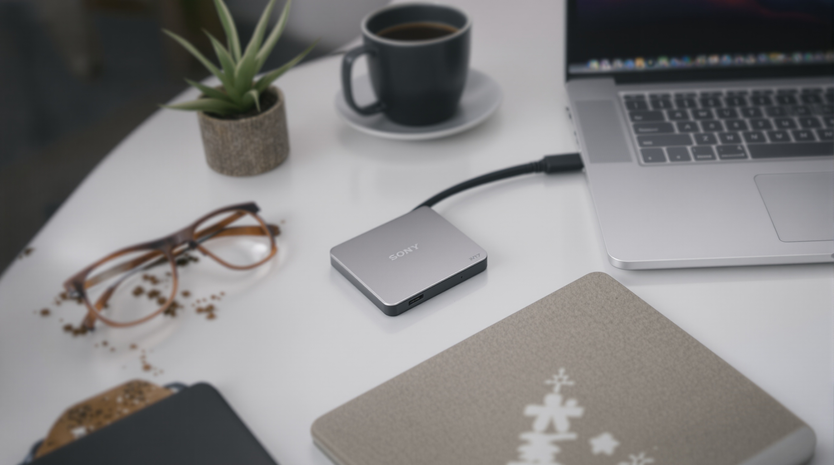 Open laptop showing a file manager with photo folders and a USB drive on a clean desk beside a cup of coffee