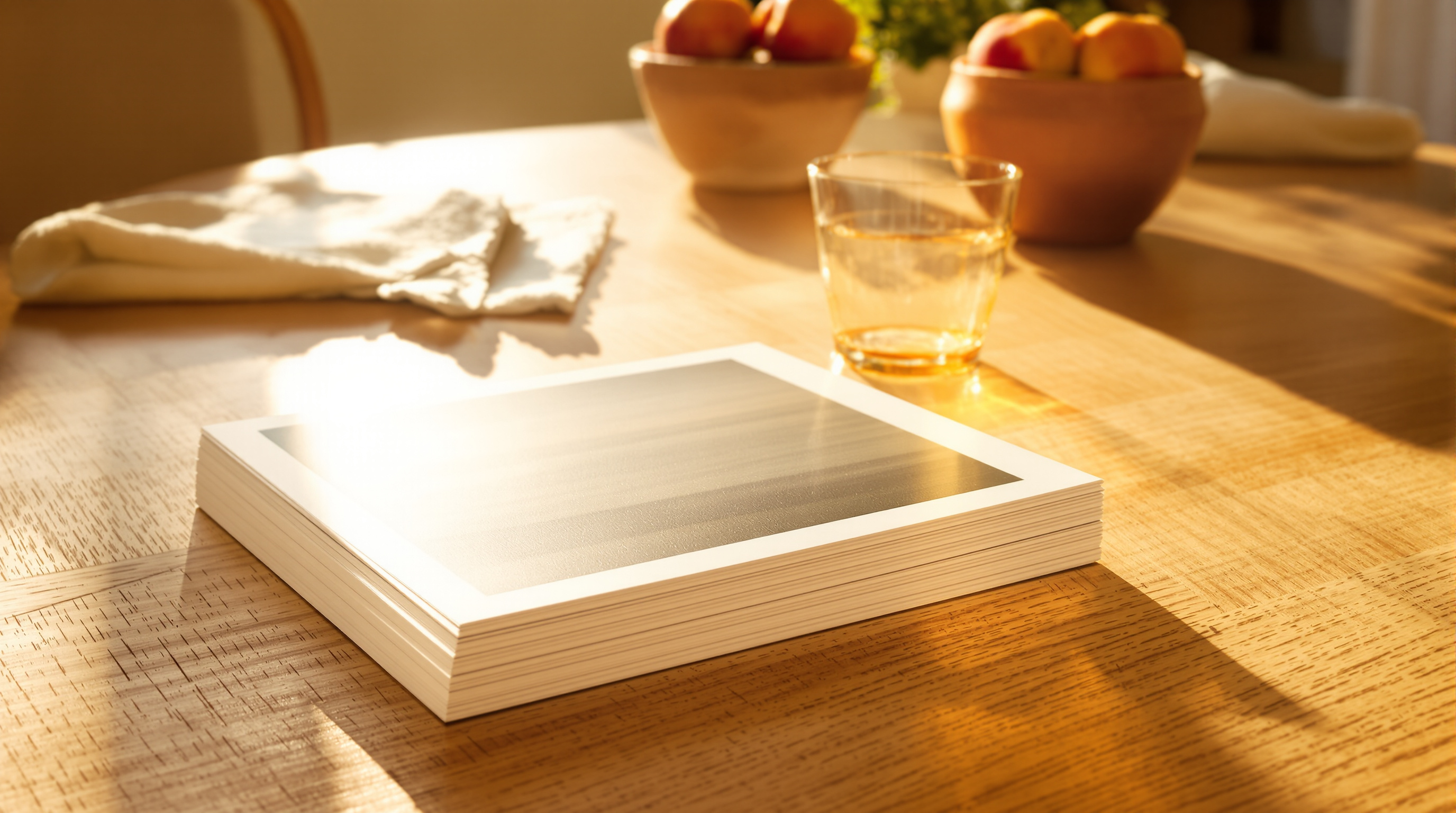 A squared stack of photographic prints on a wooden table in late golden light beside a glass of tea