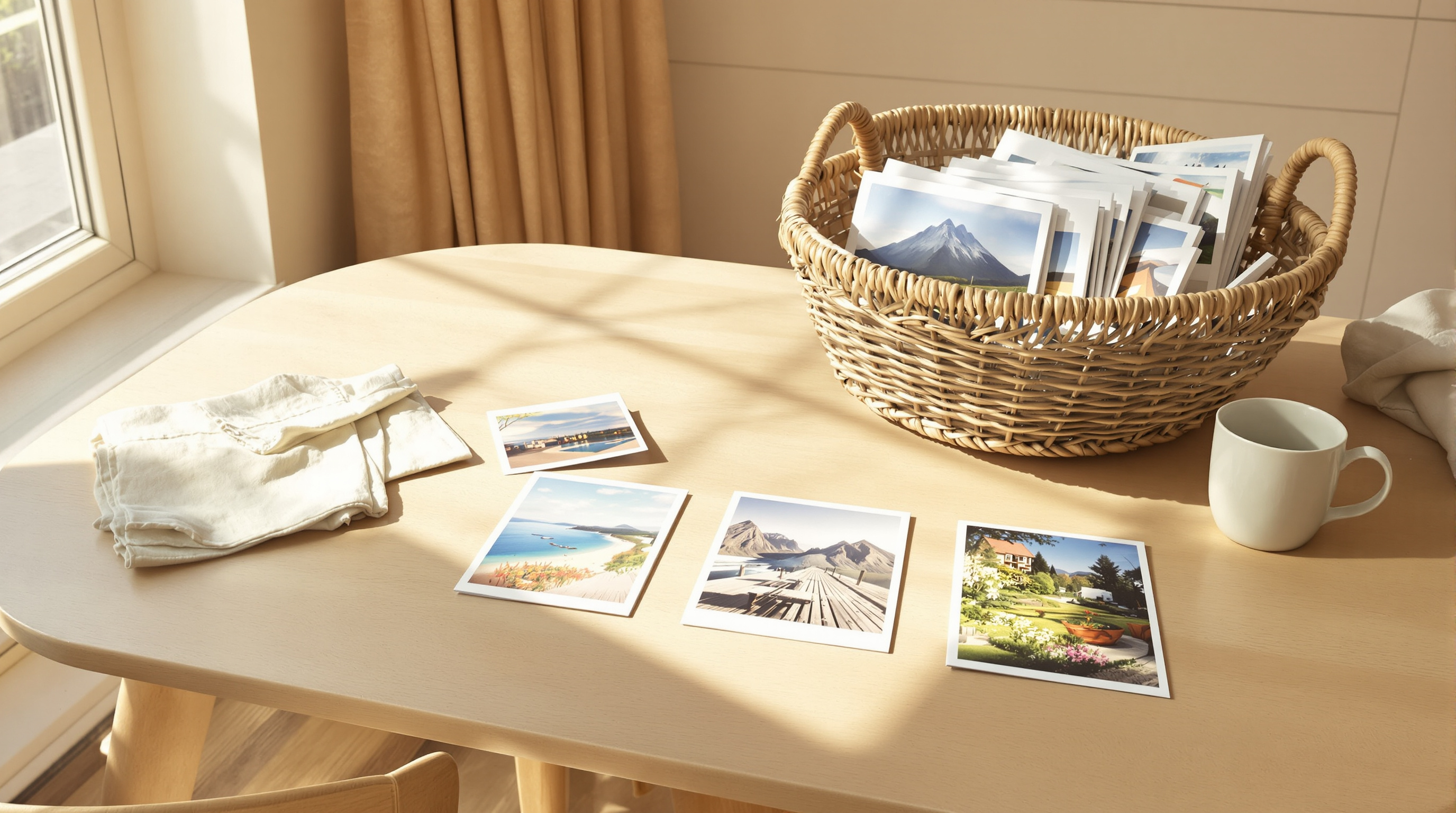 Printed photographs laid out on a sunlit kitchen table beside a basket of more prints
