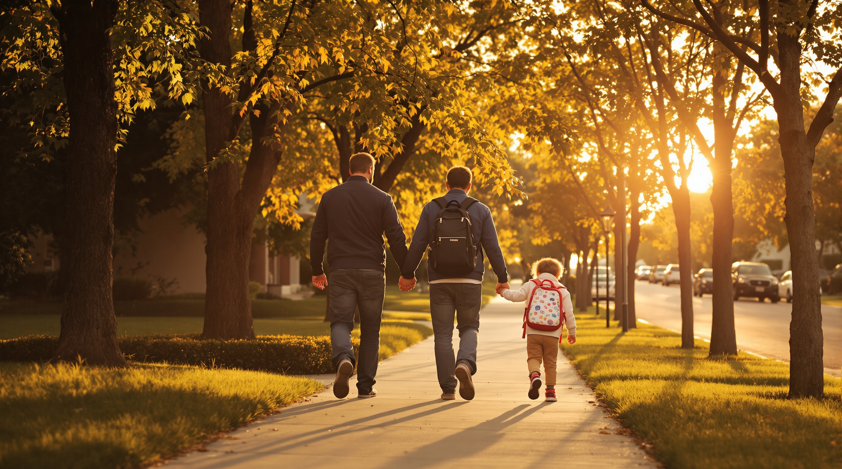 Parent holding a child's hand while walking along a suburban sidewalk with a school backpack visible