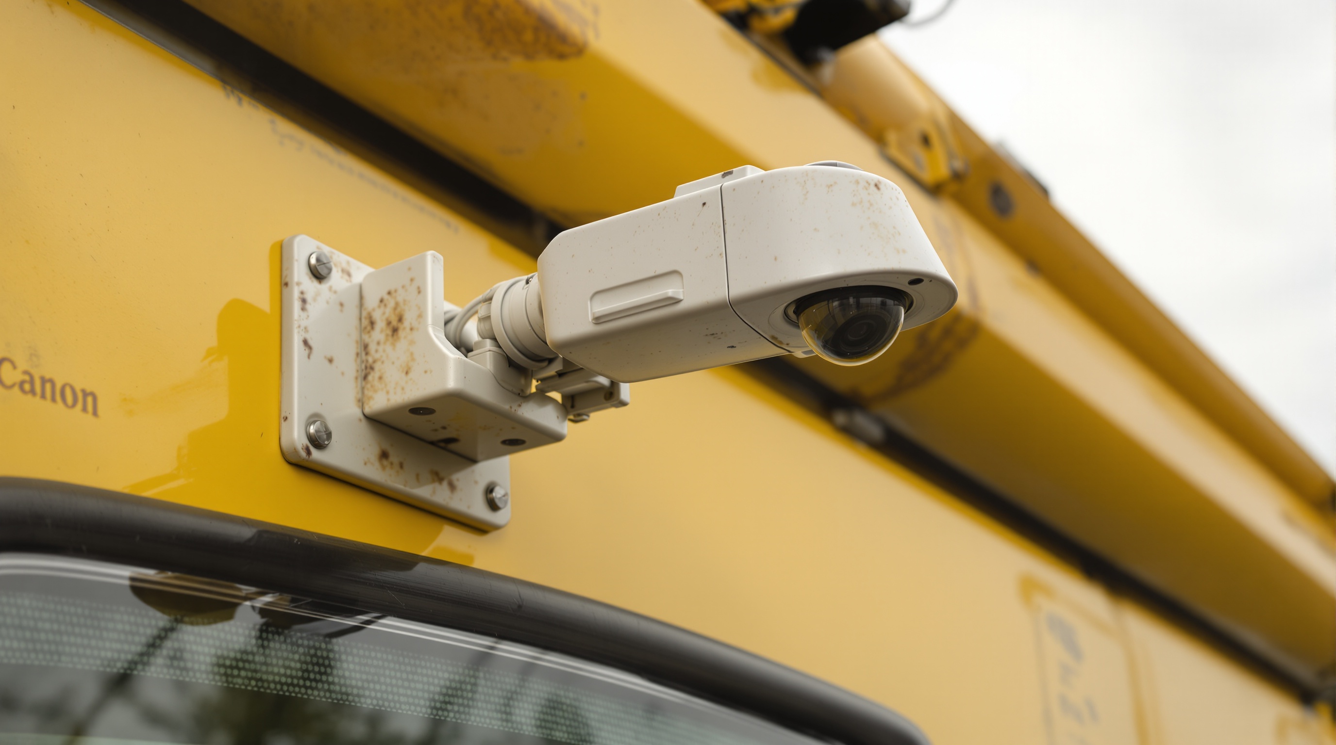 Close-up of a security camera mounted on the exterior of a yellow vehicle in overcast daylight