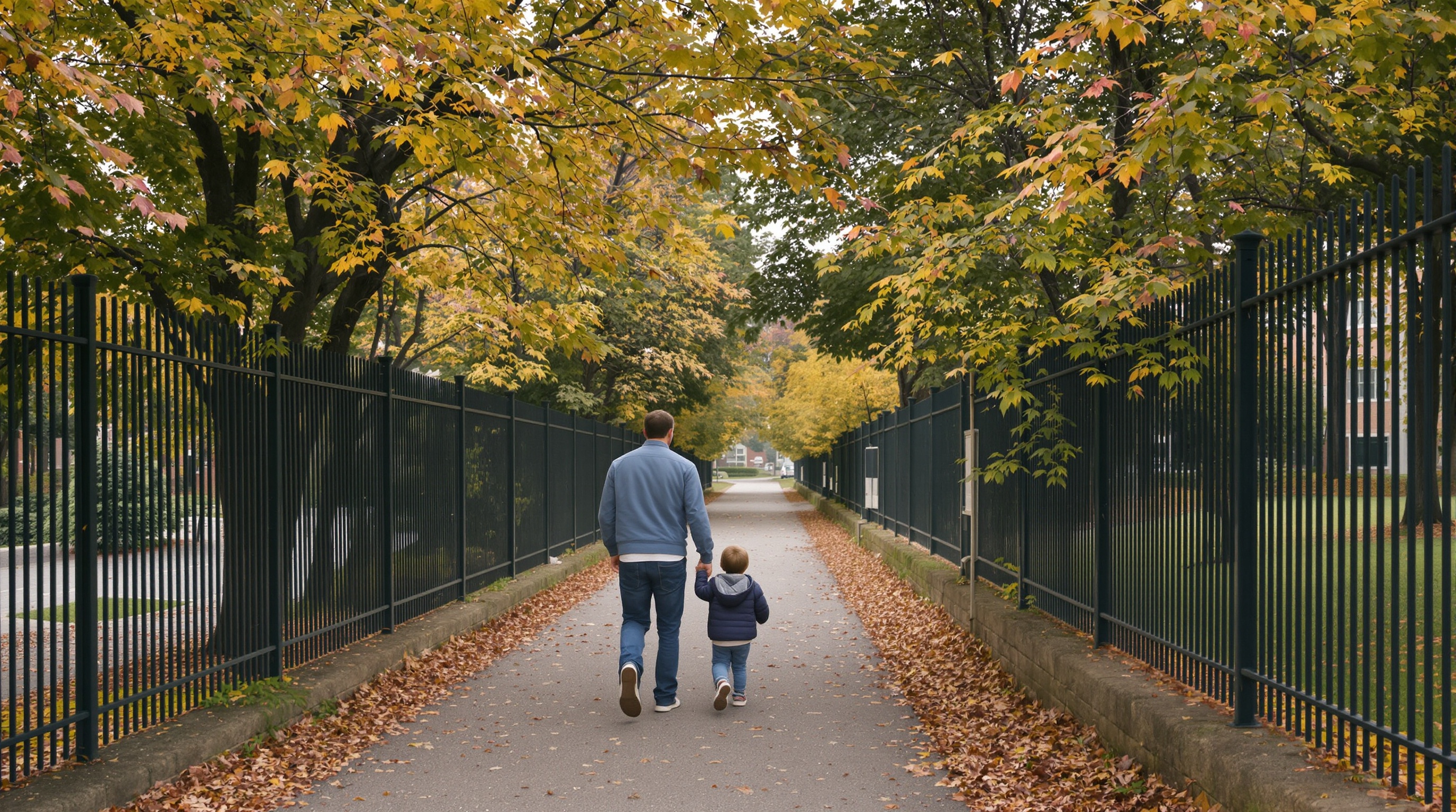 A parent and child walking together along a tree-lined path, photographed from behind with warm afternoon light
