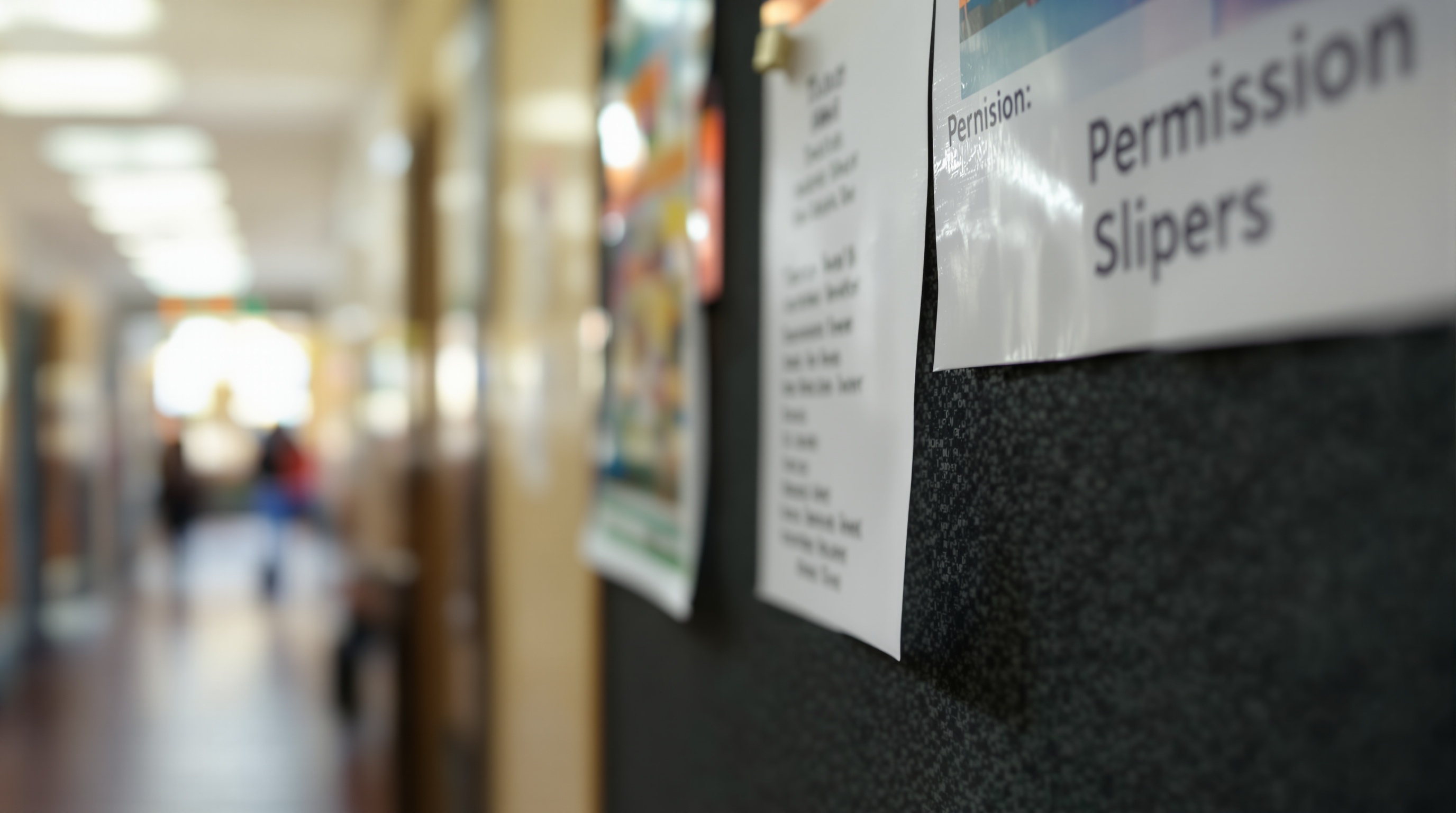 A classroom whiteboard with papers pinned to a bulletin board beside it, desks visible in the foreground, no people present
