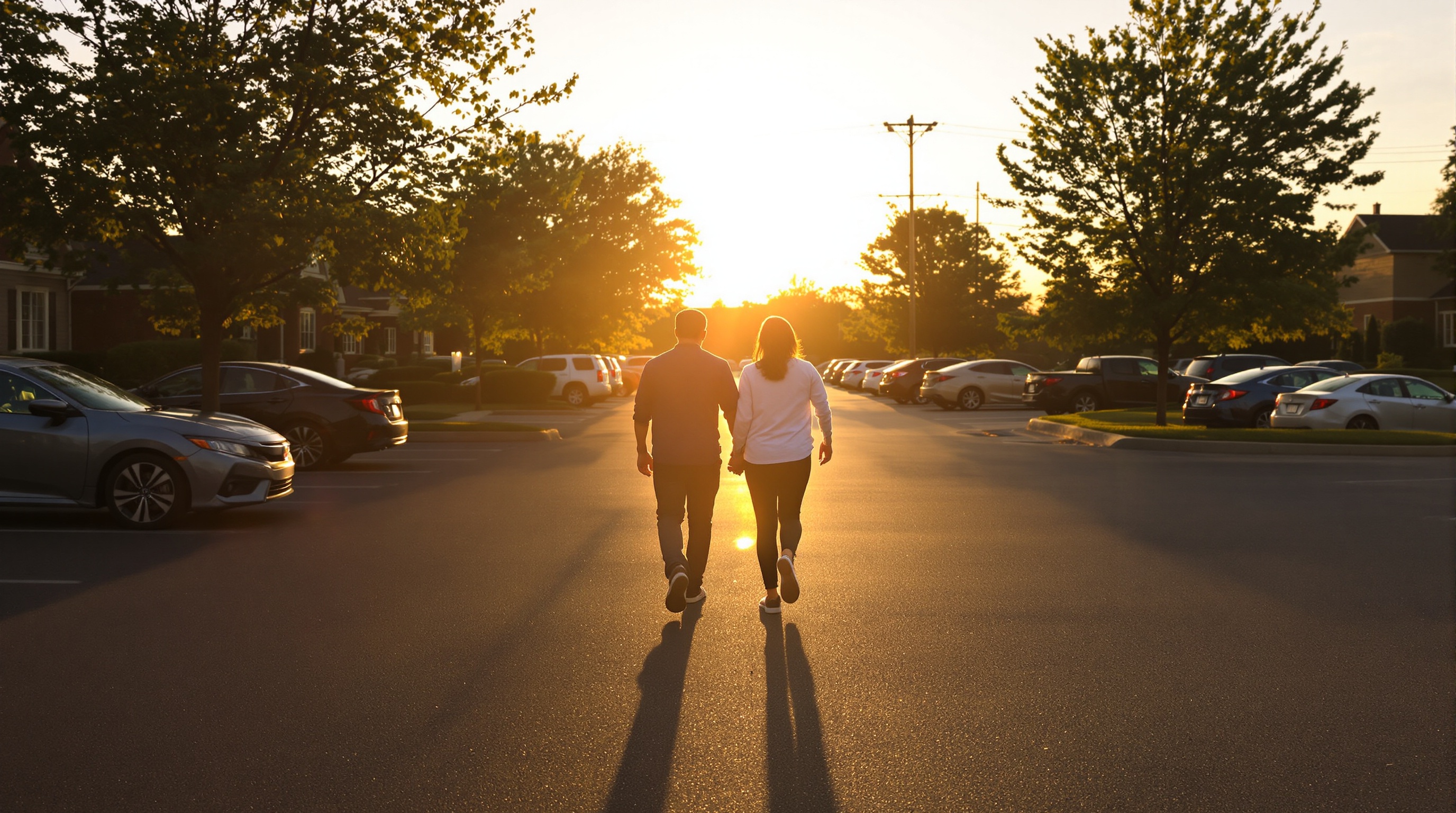 Parent and teenager walking through a suburban parking lot at golden hour, long shadows on asphalt, candid documentary moment representing families navigating digital privacy