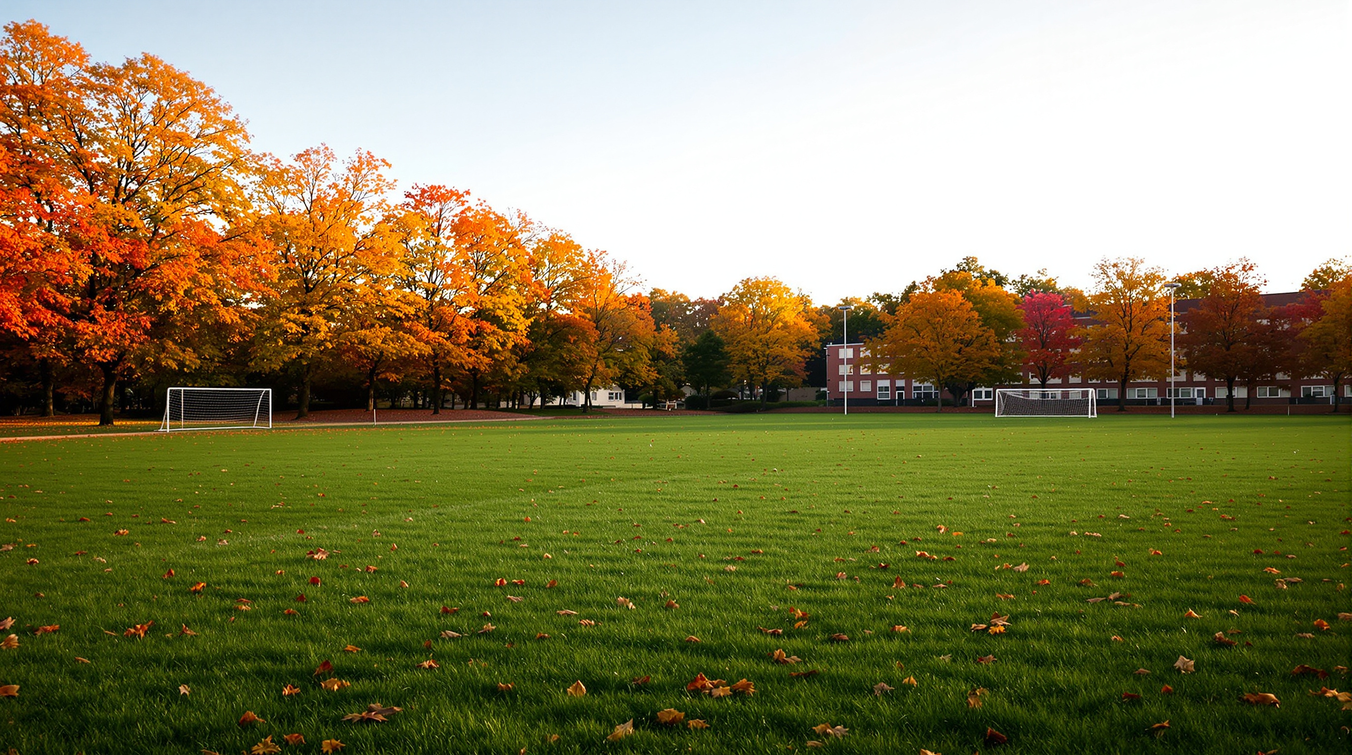 An empty playing field edged with orange autumn trees in late afternoon sun