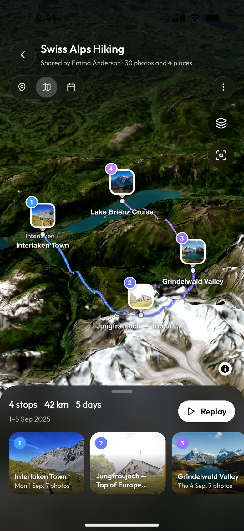 The map of the demo album Swiss Alps Hiking on a phone, opened signed out from its link: tilted 3D satellite terrain with numbered photo pins joined by the route and the stops labeled, and below a sheet reading 4 stops, 42 km, 5 days and 1-5 Sep 2025 with a Replay button and a card for each stop, starting with Interlaken Town