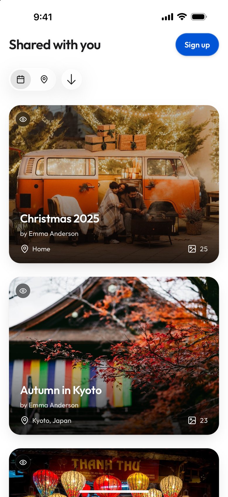 A profile link opened on a phone by a signed-out visitor: Shared with you, a Sign up button, the date, place and sort controls, and every album in the account by Emma Anderson, starting with Christmas 2025 (Home, 25 photos) and Autumn in Kyoto (Kyoto, Japan, 23 photos)