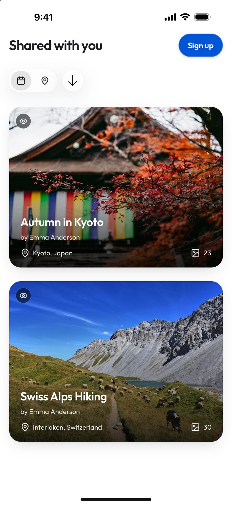 A link to two albums opened on a phone by a signed-out visitor: Shared with you, a Sign up button, the date, place and sort controls, and two album cards by Emma Anderson, Autumn in Kyoto (Kyoto, Japan, 23 photos) and Swiss Alps Hiking (Interlaken, Switzerland, 30 photos)