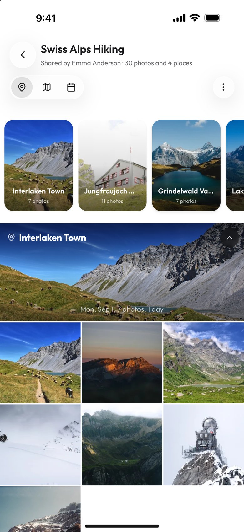 The demo album Swiss Alps Hiking on a phone, opened signed out from its view-only link: Shared by Emma Anderson, 30 photos and 4 places, the Location, Map View and By Date switch, a ⋮ menu, place cards starting with Interlaken Town, then the Interlaken Town section and its photo grid
