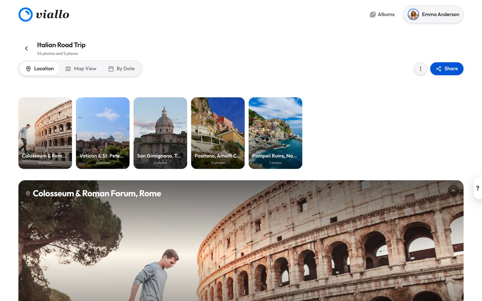 The demo album Italian Road Trip on a computer: 56 photos and 5 places, the switch Location, Map View and By Date with Location active, place cards for the Colosseum, the Vatican, San Gimignano, Positano and Pompeii, then the section Colosseum & Roman Forum, Rome with its cover photo