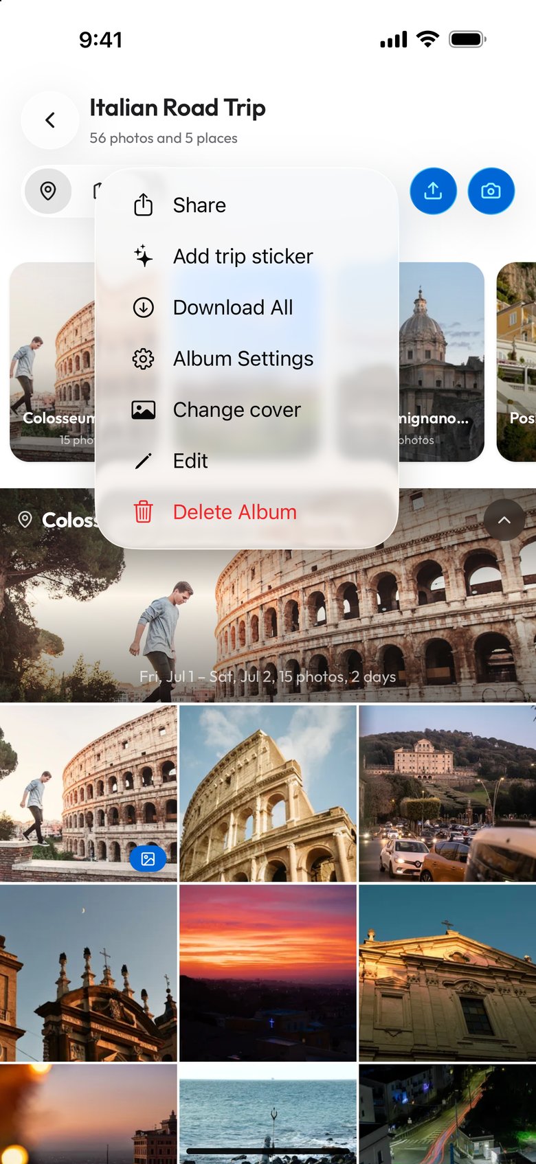 The ⋮ menu of the demo album Italian Road Trip open on a phone, with Share, Add trip sticker, Download All, Album Settings, Change cover, Edit and Delete Album in red, over the album's Location view