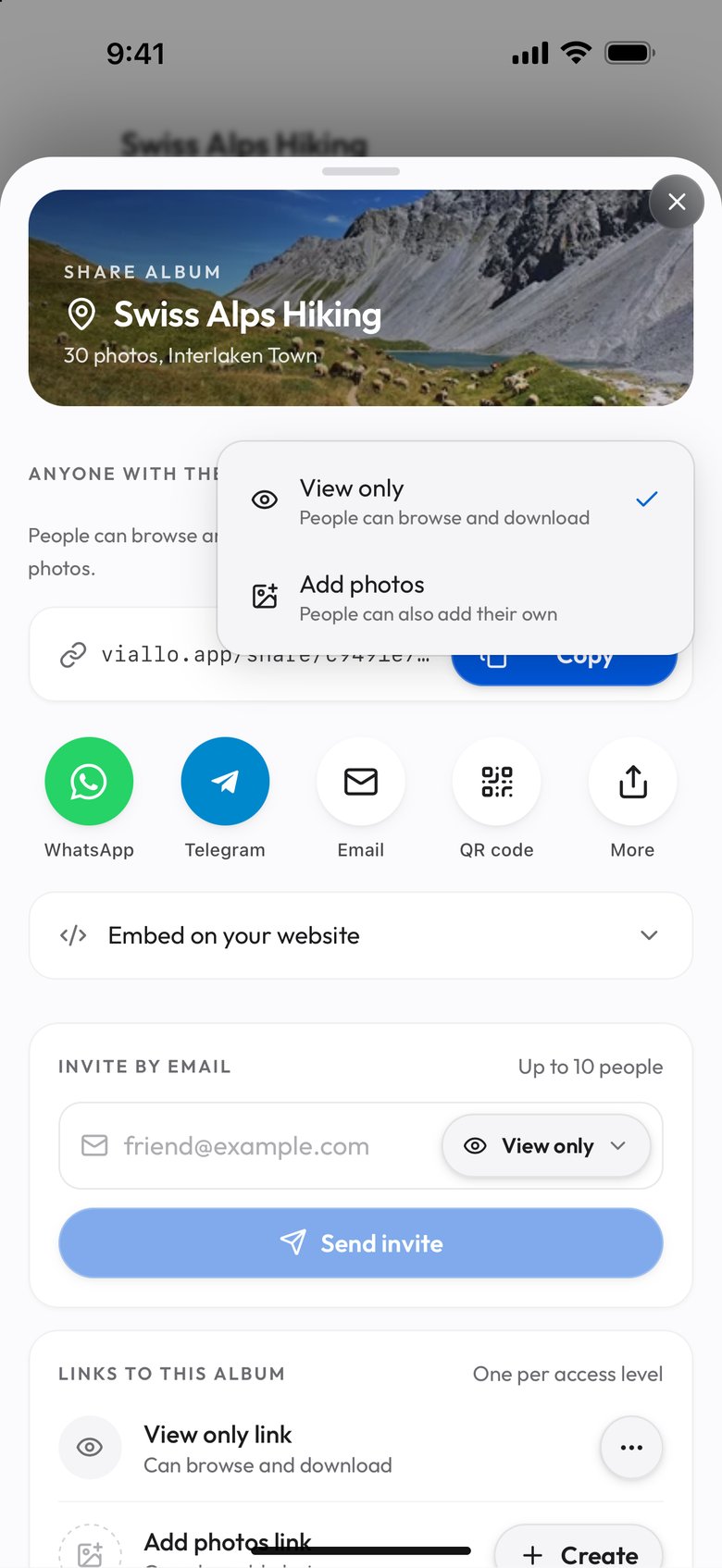 The Share window of the demo album Swiss Alps Hiking on a phone with the menu beside Anyone with the link open: View only, People can browse and download, ticked, and Add photos, People can also add their own