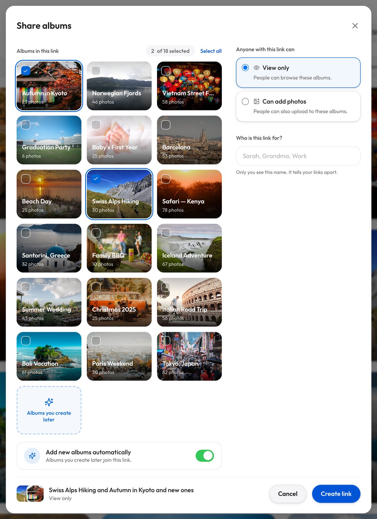 The Share albums dialog on a computer: Albums in this link, 2 of 18 selected, a grid of album covers with Autumn in Kyoto and Swiss Alps Hiking ticked, Add new albums automatically switched on, and on the right Anyone with this link can, with View only selected above Can add photos, an empty Who is this link for? field, and Create link