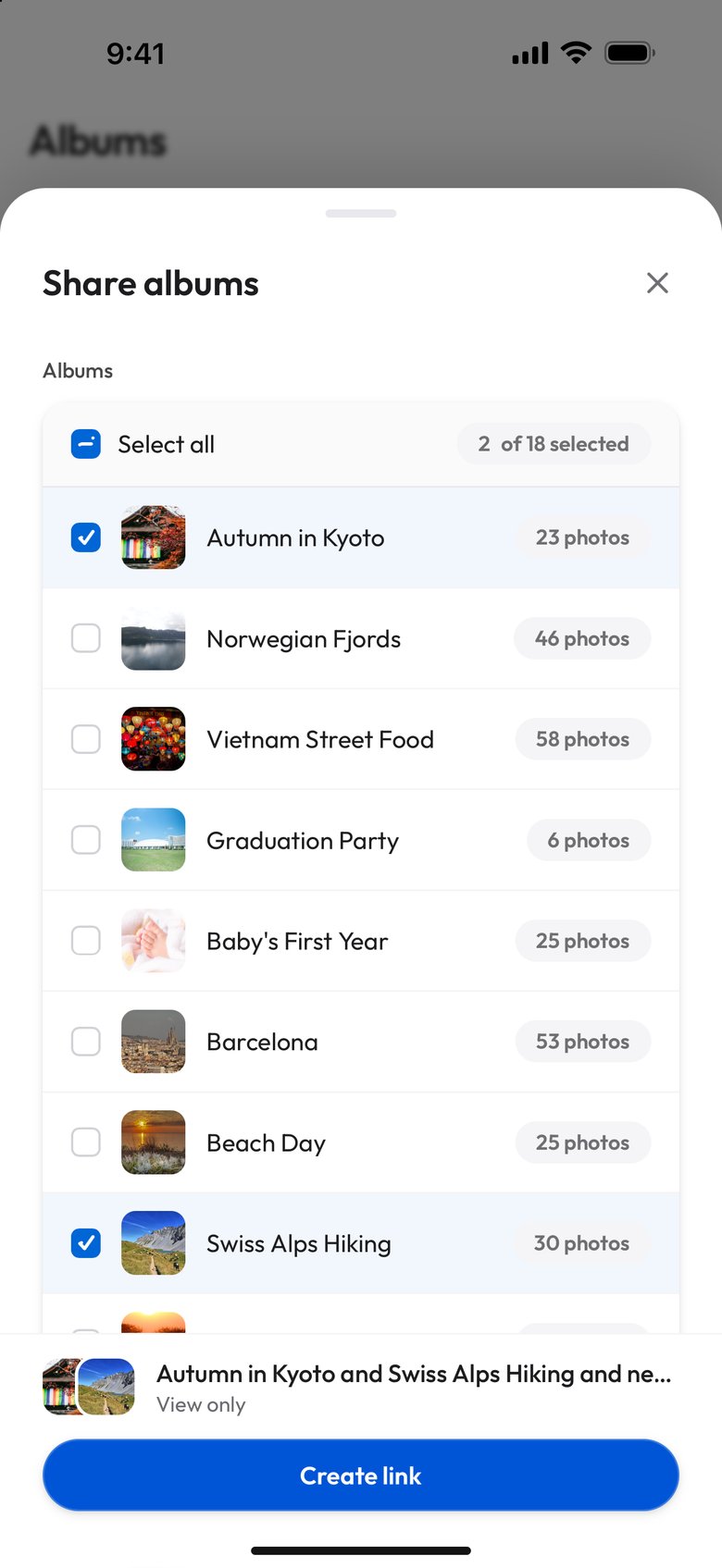 The top of the Share albums sheet on a phone: Select all, 2 of 18 selected, Autumn in Kyoto and Swiss Alps Hiking ticked among Norwegian Fjords, Vietnam Street Food, Graduation Party, Baby's First Year, Barcelona and Beach Day, and the summary Autumn in Kyoto and Swiss Alps Hiking and new ones, View only, above Create link