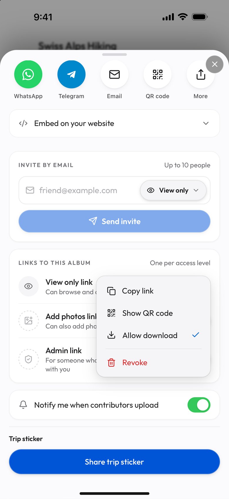 Links to this album in the Share window of the demo album Swiss Alps Hiking on a phone, with the View only link's menu open on Copy link, Show QR code, Allow download with a tick and Revoke in red, beside the Add photos link and the Admin link